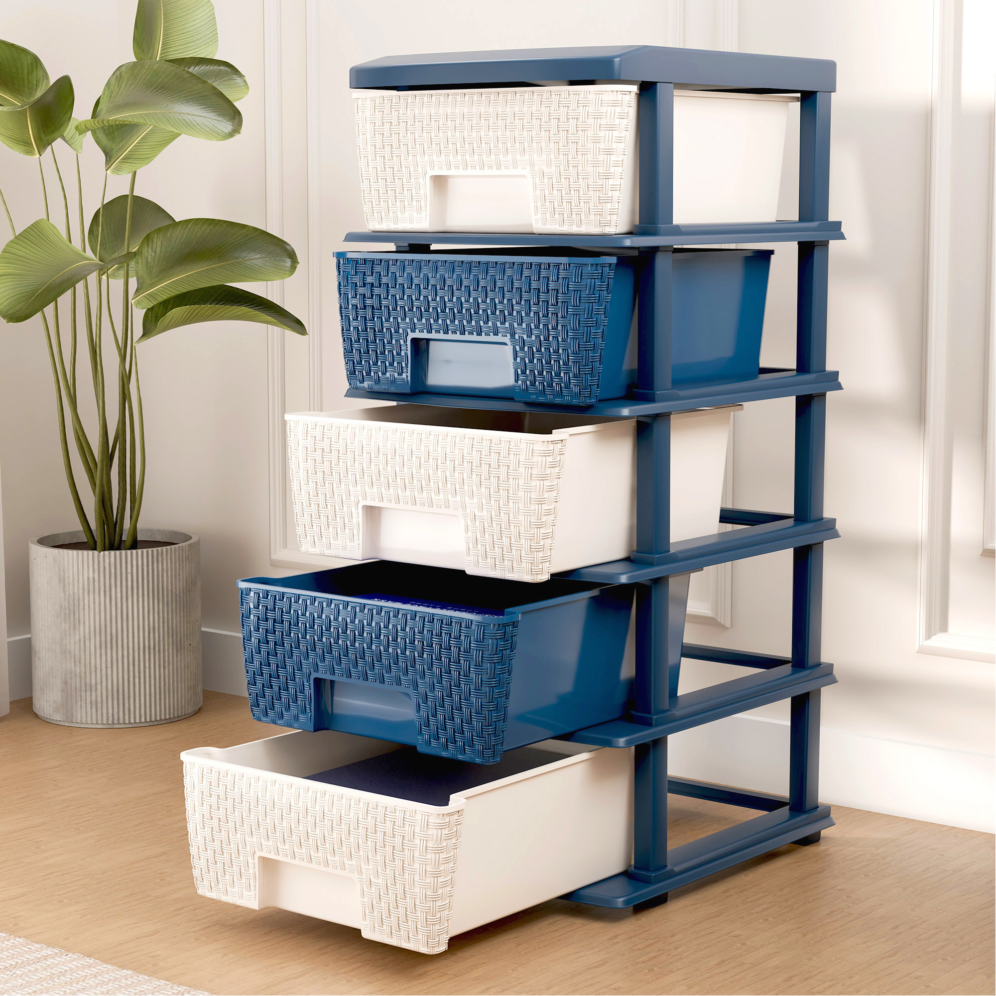 Plastic Storage DrawerSpacious Organizer for ToysBooks  Modular Storage Rack for HomeKitchenOffice  Checks - White  Blue