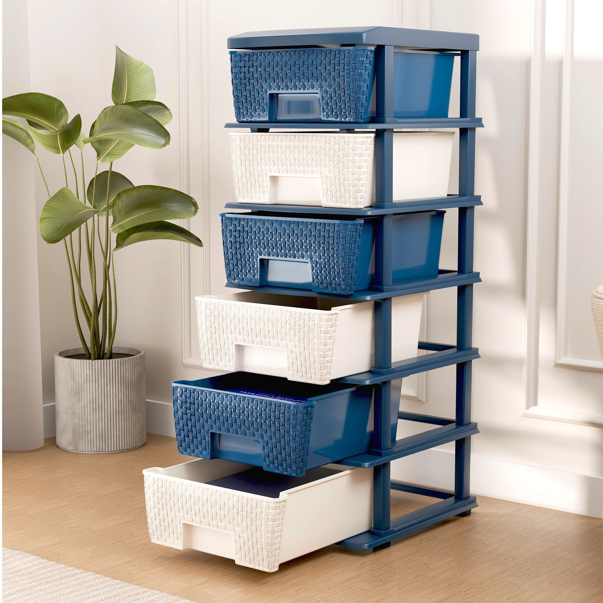 Plastic Storage DrawerSpacious Organizer for ToysBooks  Modular Storage Rack for HomeKitchenOffice  Checks - White  Blue