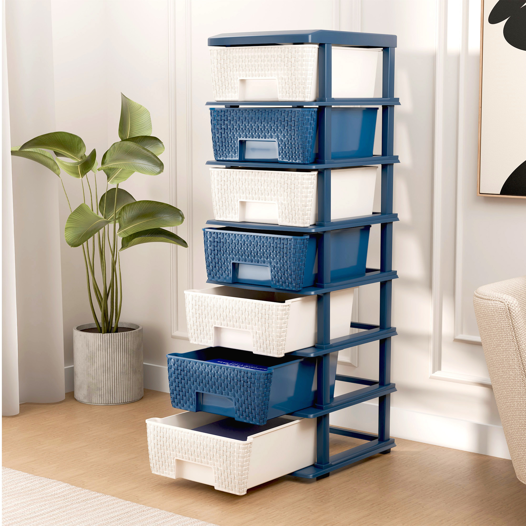 Plastic Storage DrawerSpacious Organizer for ToysBooks  Modular Storage Rack for HomeKitchenOffice  Checks - White  Blue