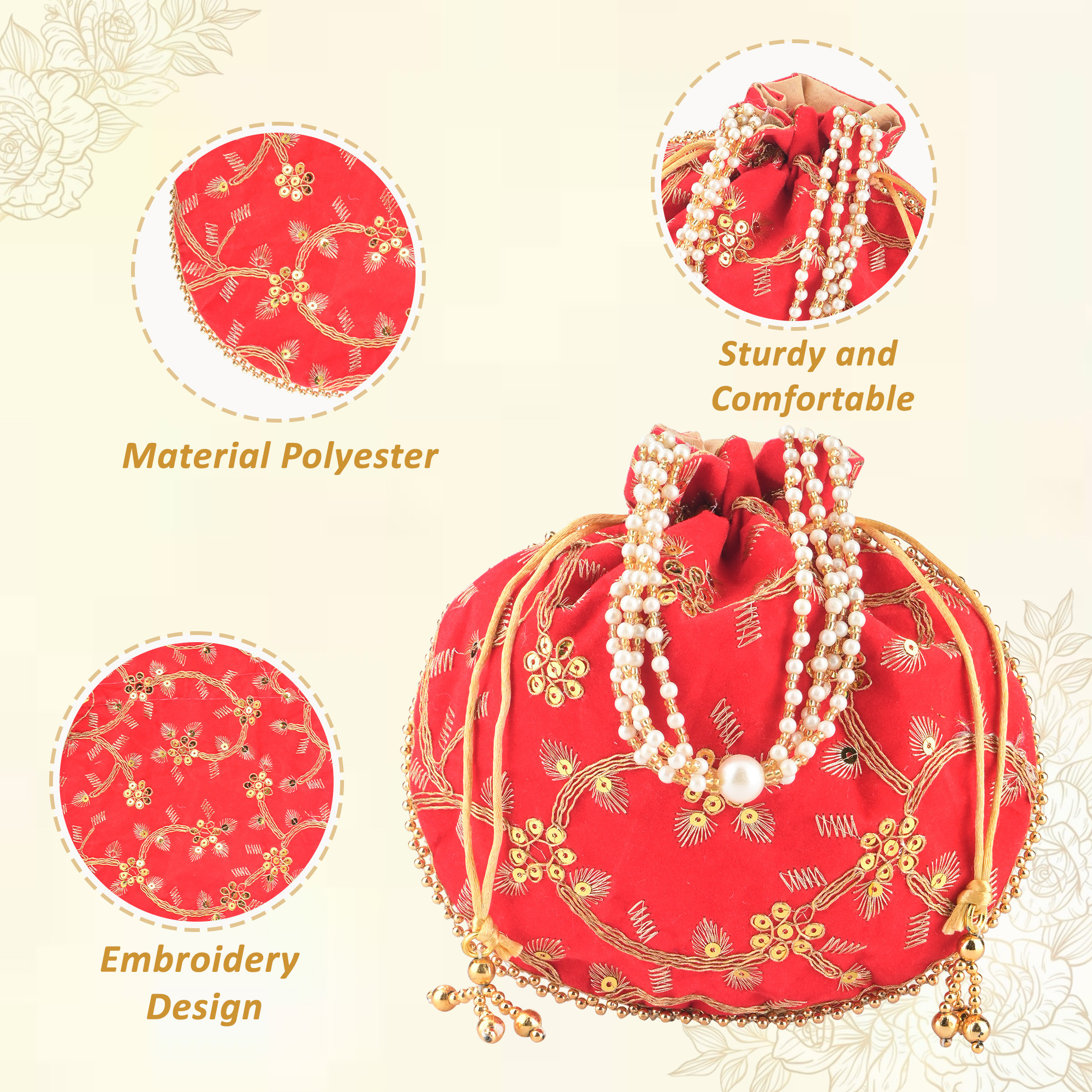 Polyester Potli Bags for Women  Traditional Indian Zari Work Potli Bag  Ladies Batwa Purse for Return Gifts  Drawstring Handbag  Khajoor Wristlets - Red