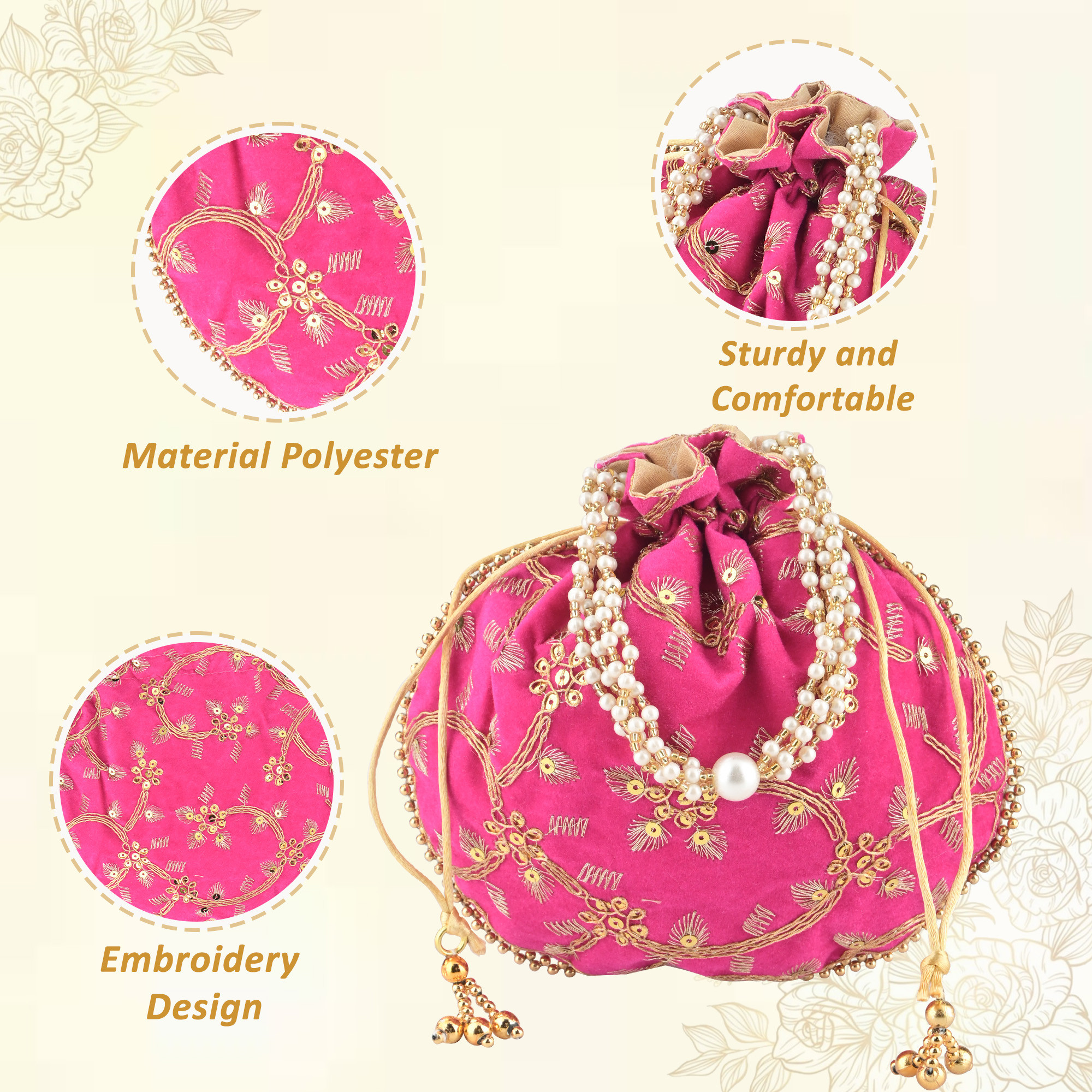 Polyester Potli Bags for Women  Traditional Indian Zari Work Potli Bag  Ladies Batwa Purse for Return Gifts  Drawstring Handbag  Khajoor Wristlets - Pink
