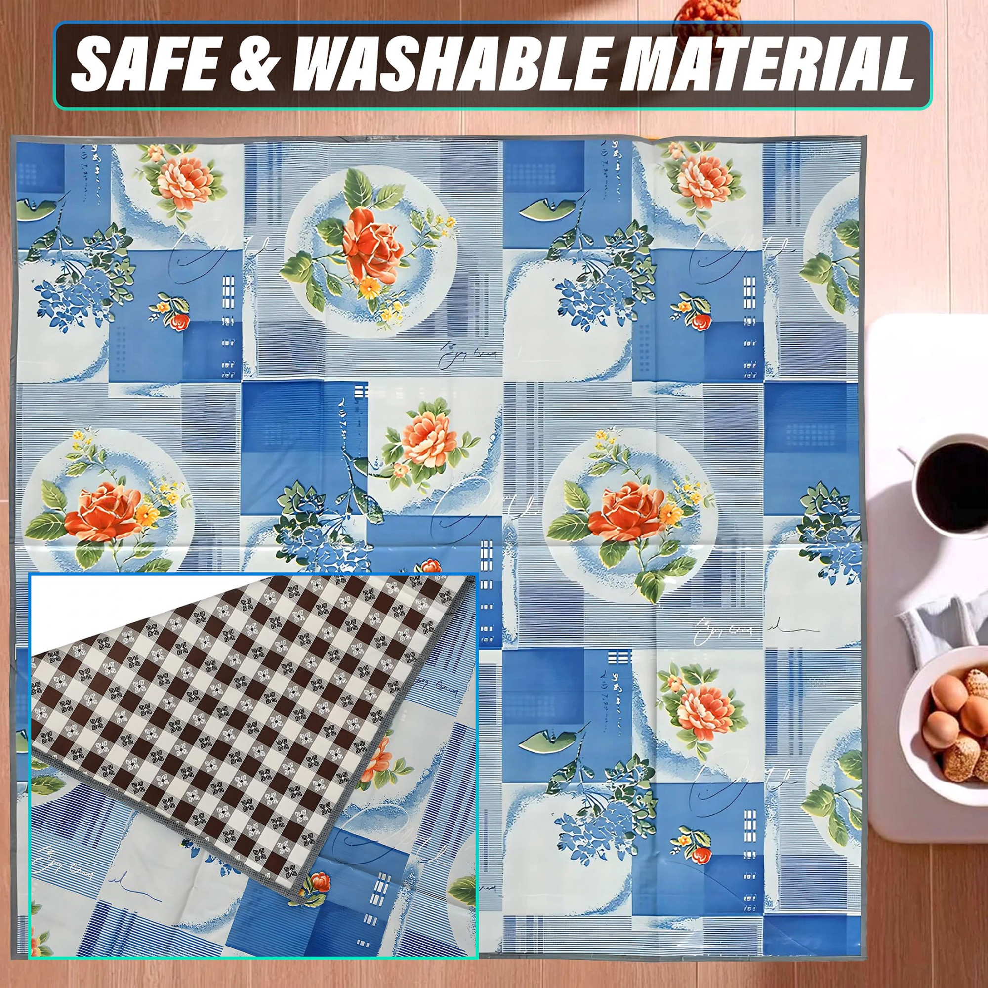 PVC Floral Print Both Sided Bed Server Food Mat Bedsheet Protector For Home 36x36 Blue 54KM4338