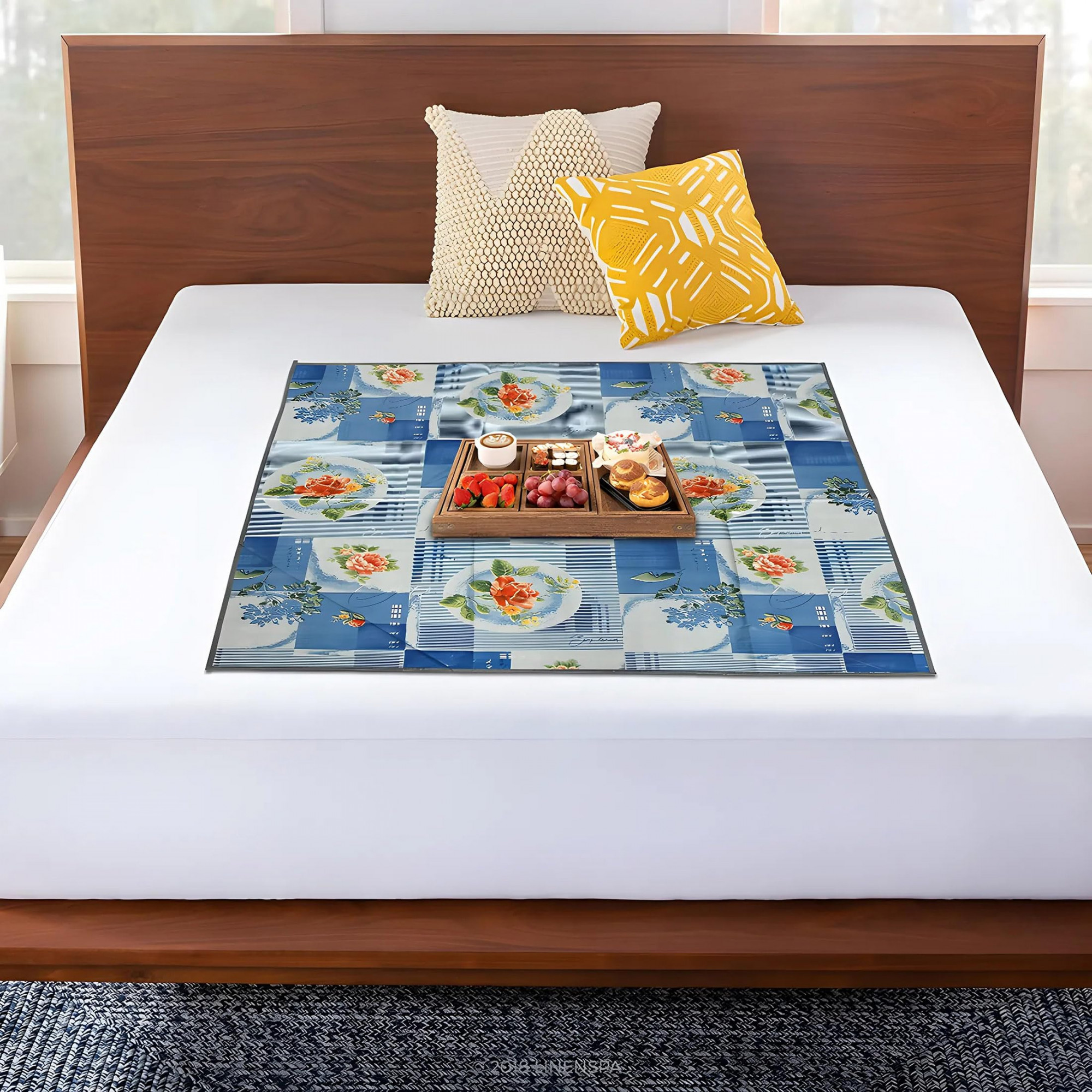 PVC Floral Print Both Sided Bed Server Food Mat Bedsheet Protector For Home 36x36 Blue 54KM4338