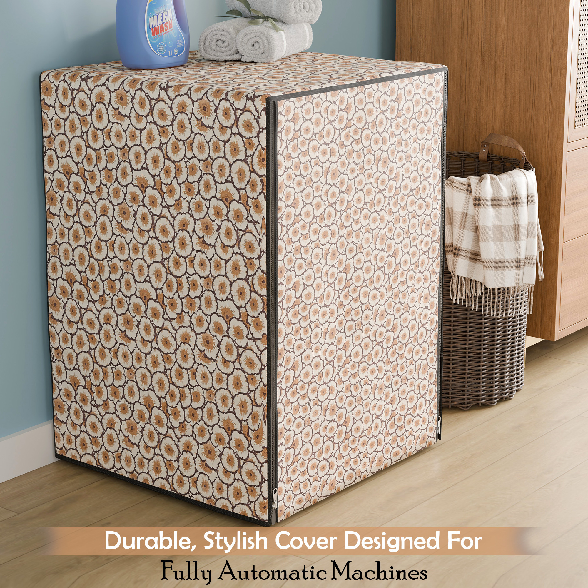 PVC Washing Machine Cover Compatible for IFB  Waterproof  Dustproof Front Load for Balcony  Laundry Area  Cut Out - Cream  Brown