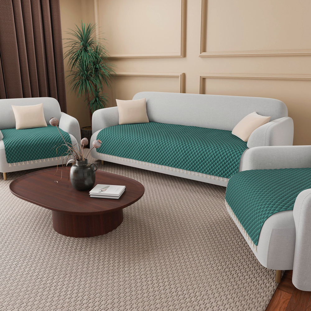 Image of Quilted Velvet Sofa Cover with Tassels Lace for Living Room | Anti Slip Couch Protector for Home Décor | Ultra Sonic - Green