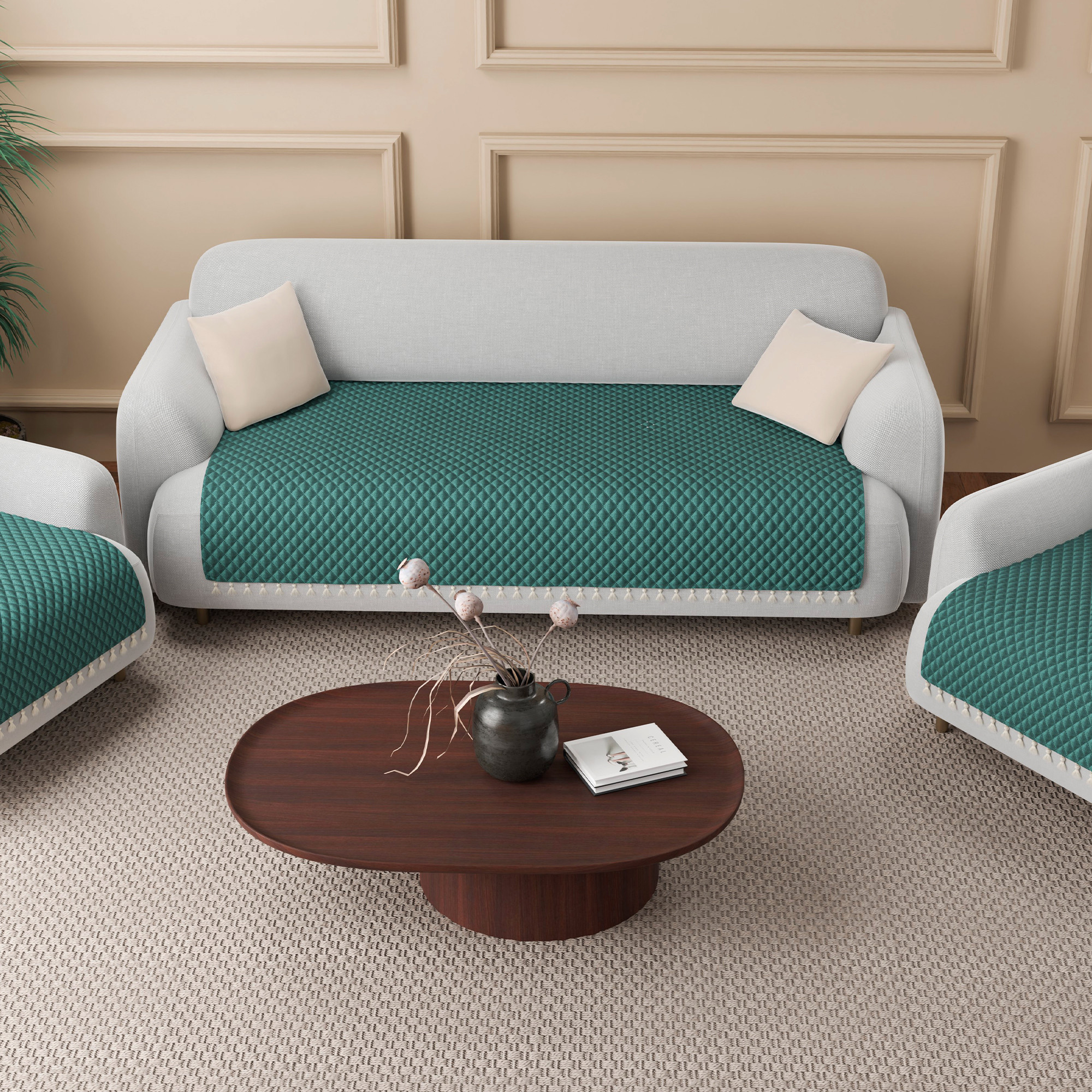 Quilted Velvet Sofa Cover with Tassels Lace for Living Room  Anti Slip Couch Protector for Home Dcor  Ultra Sonic - Green