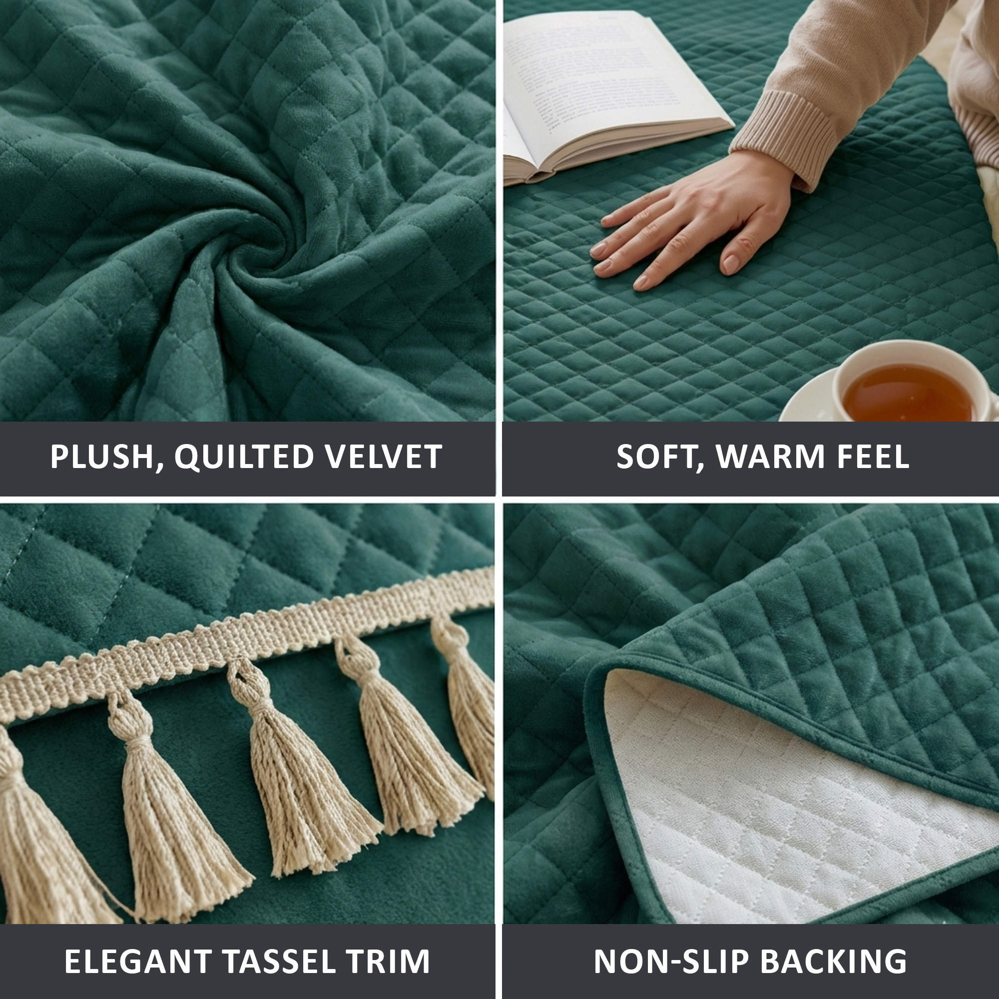 Quilted Velvet Sofa Cover with Tassels Lace for Living Room  Anti Slip Couch Protector for Home Dcor  Ultra Sonic - Green