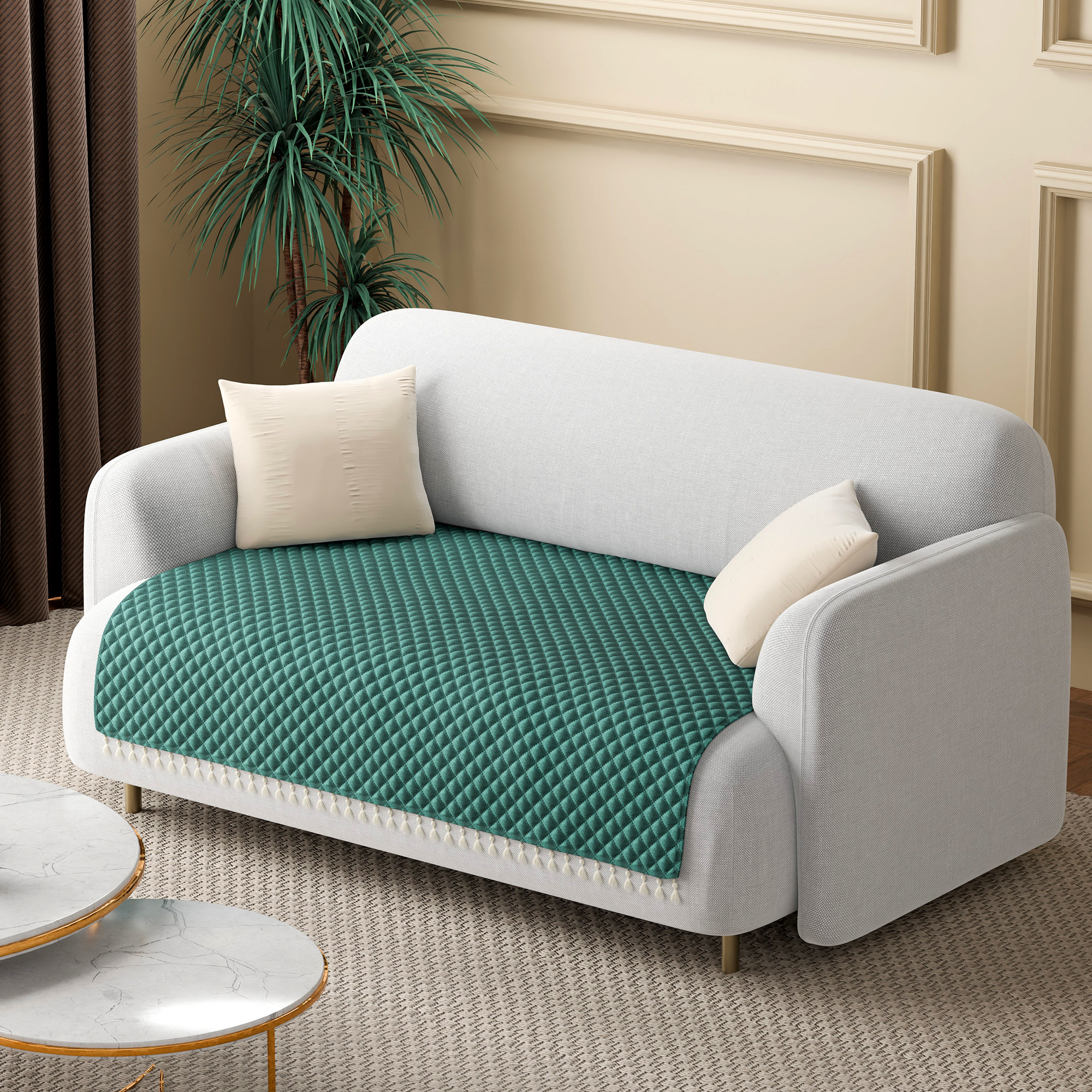 Quilted Velvet Sofa Cover with Tassels Lace for Living Room  Anti Slip Couch Protector for Home Dcor  Ultra Sonic - Green