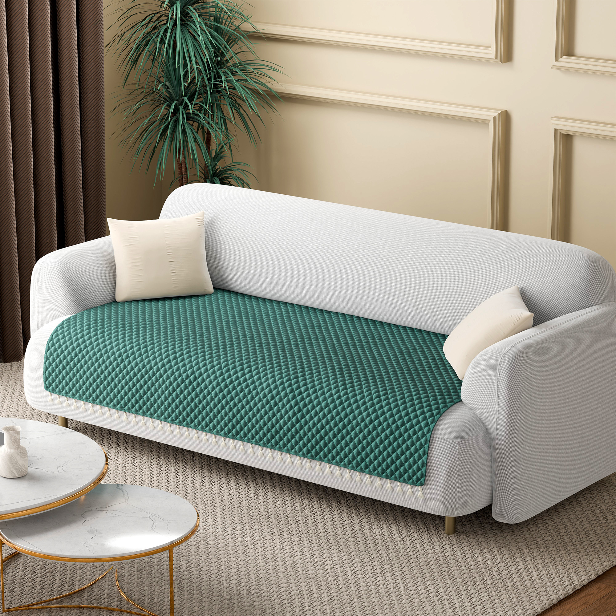 Quilted Velvet Sofa Cover with Tassels Lace for Living Room  Anti Slip Couch Protector for Home Dcor  Ultra Sonic - Green