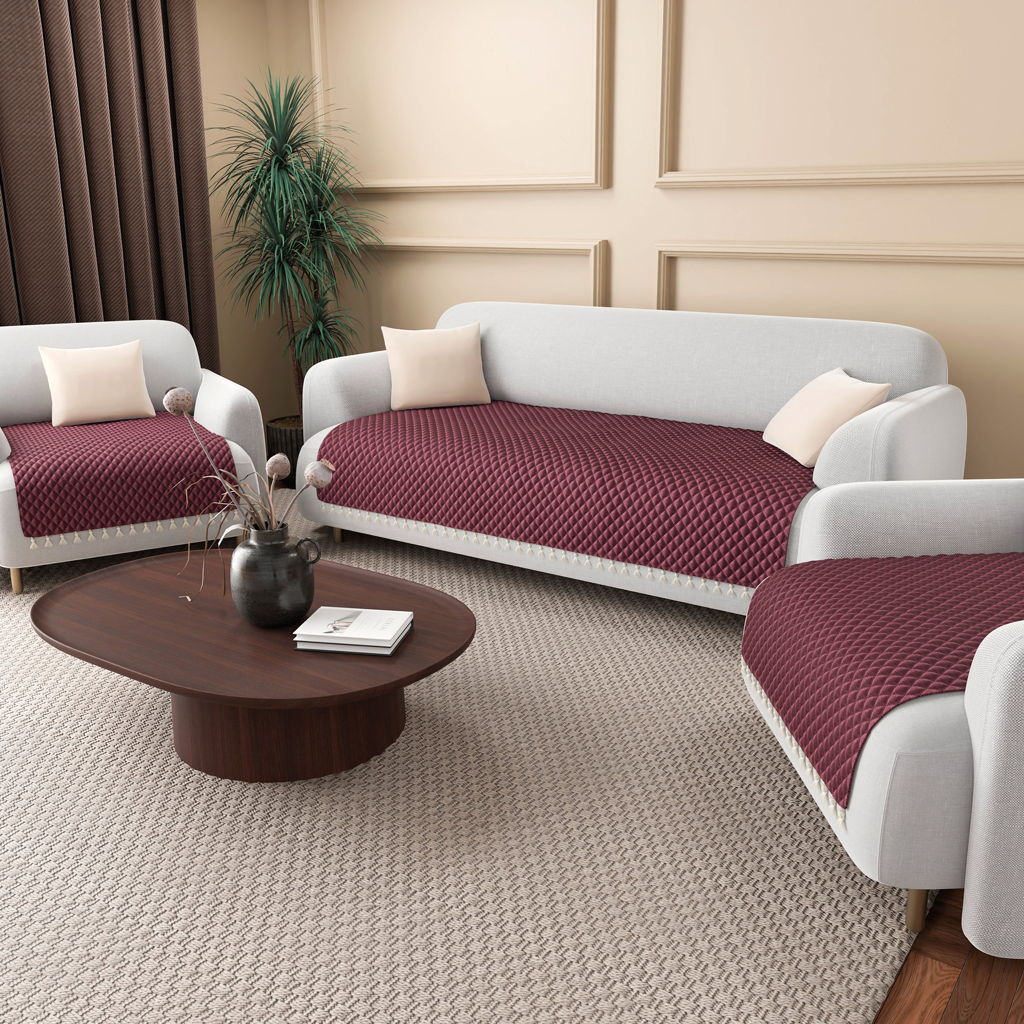 Quilted Velvet Sofa Cover with Tassels Lace for Living Room  Anti Slip Couch Protector for Home Dcor  Ultra Sonic - Maroon