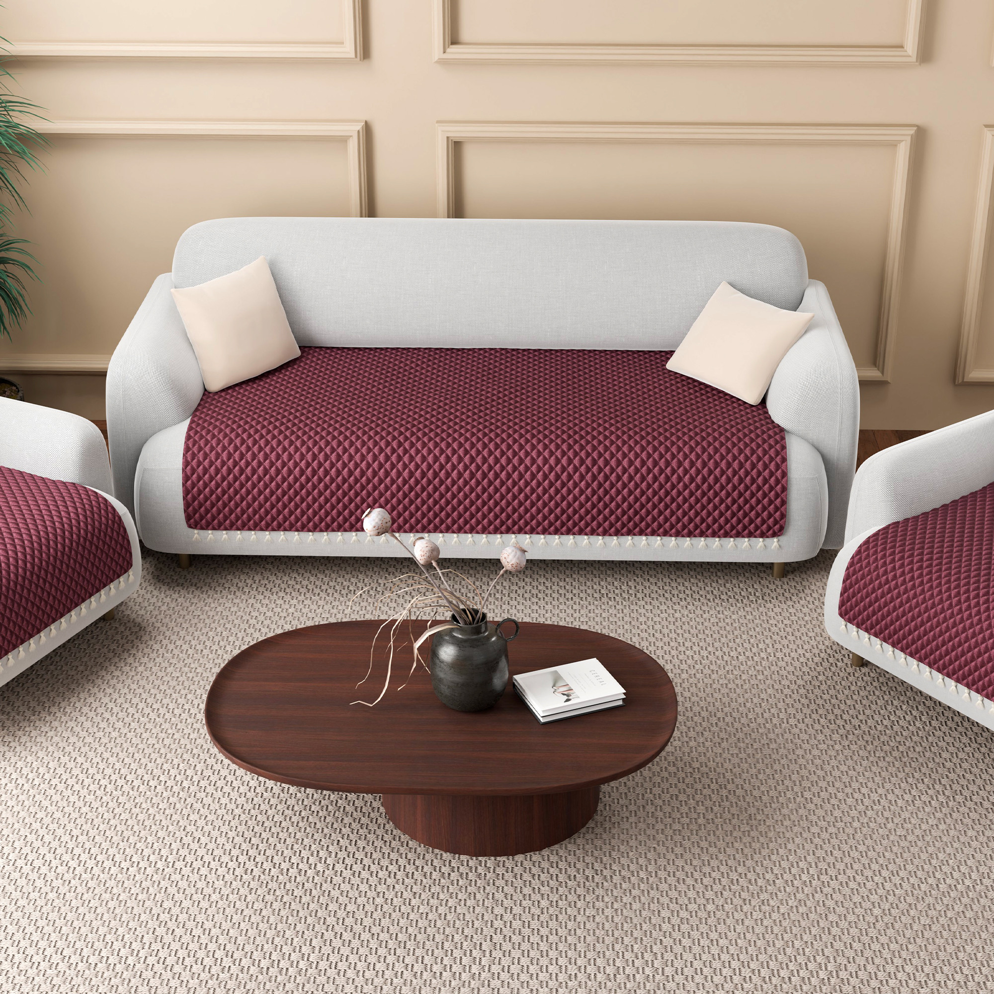 Quilted Velvet Sofa Cover with Tassels Lace for Living Room  Anti Slip Couch Protector for Home Dcor  Ultra Sonic - Maroon