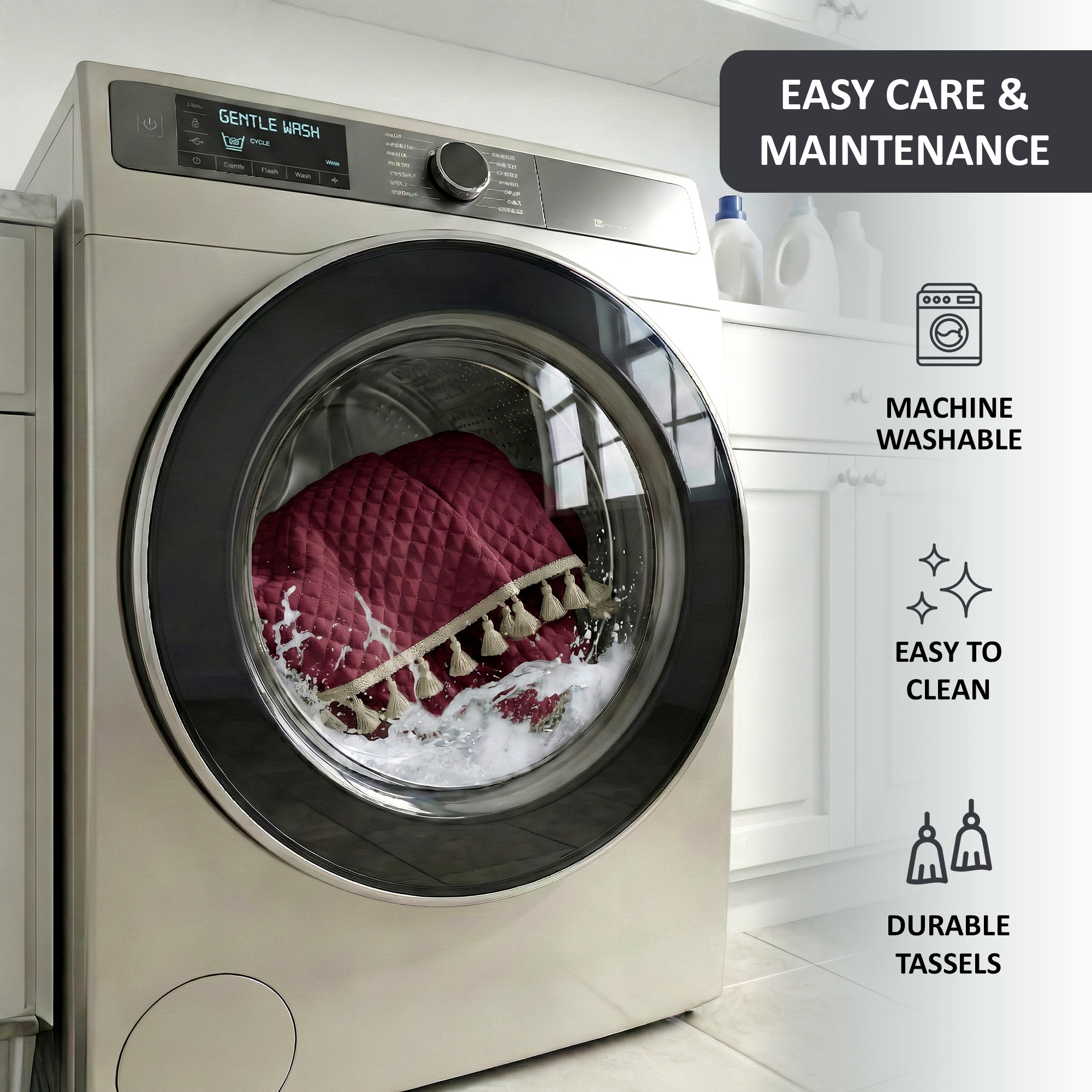 Quilted Velvet Sofa Cover with Tassels Lace for Living Room  Anti Slip Couch Protector for Home Dcor  Ultra Sonic - Maroon