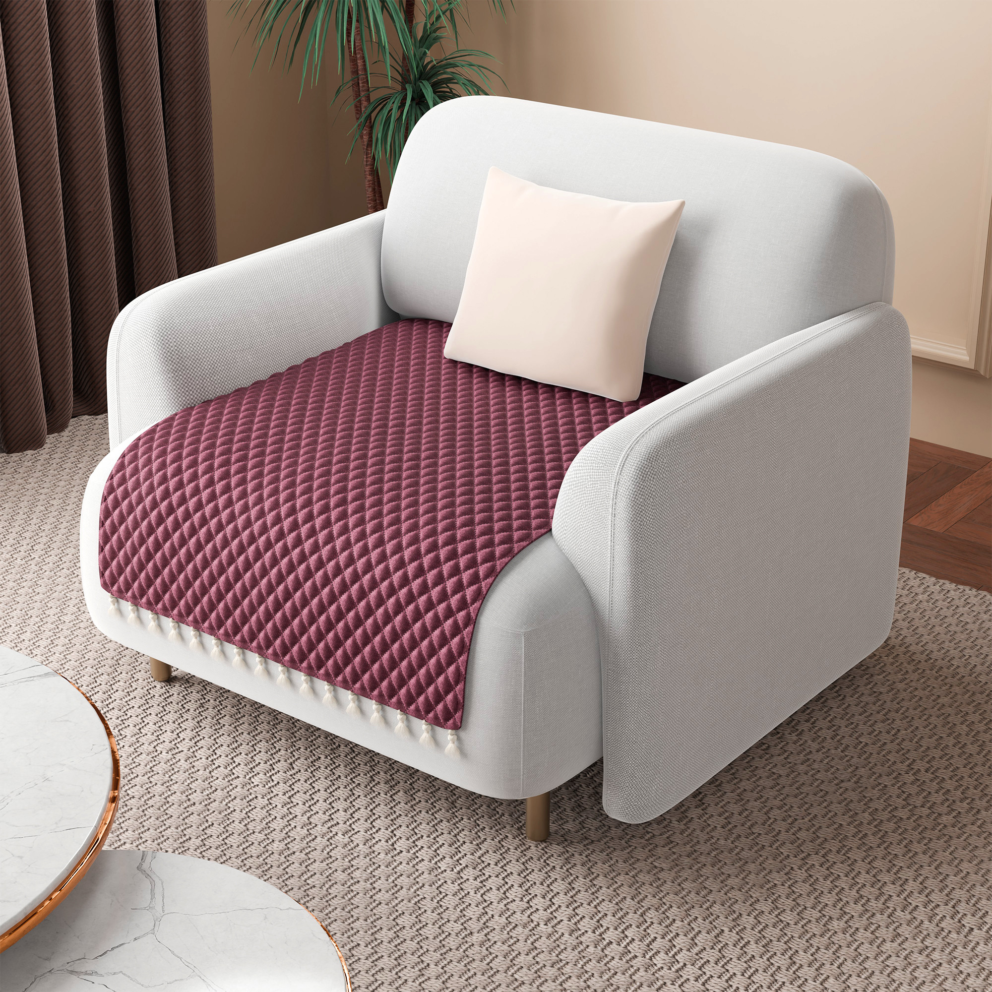 Quilted Velvet Sofa Cover with Tassels Lace for Living Room  Anti Slip Couch Protector for Home Dcor  Ultra Sonic - Maroon