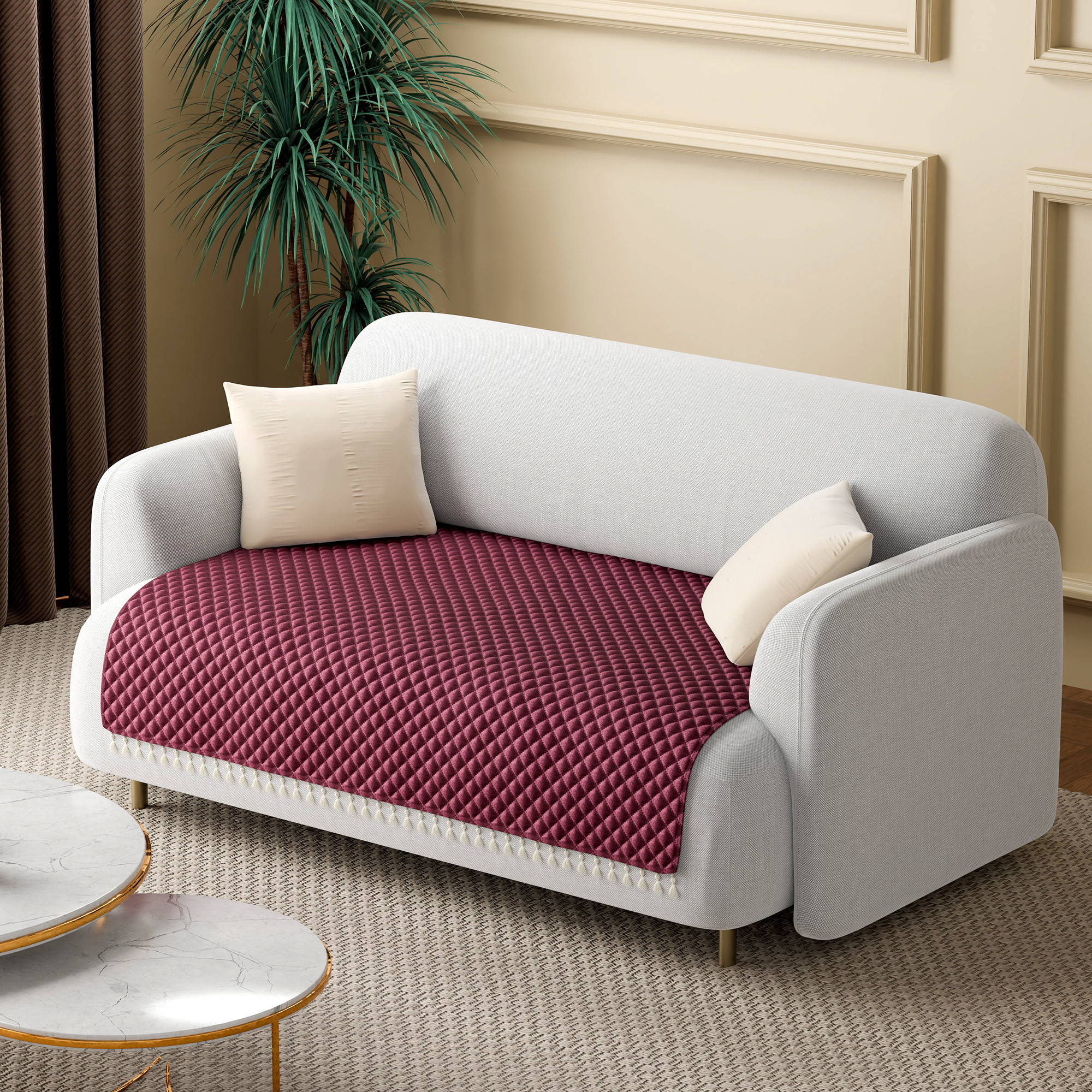Quilted Velvet Sofa Cover with Tassels Lace for Living Room  Anti Slip Couch Protector for Home Dcor  Ultra Sonic - Maroon
