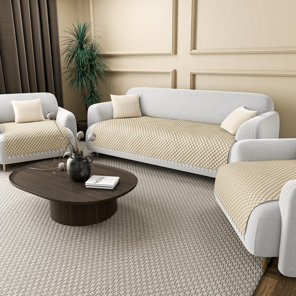Image of Quilted Velvet Sofa Cover with Tassels Lace for Living Room | Anti Slip Couch Protector for Home Décor | Ultra Sonic - Beige