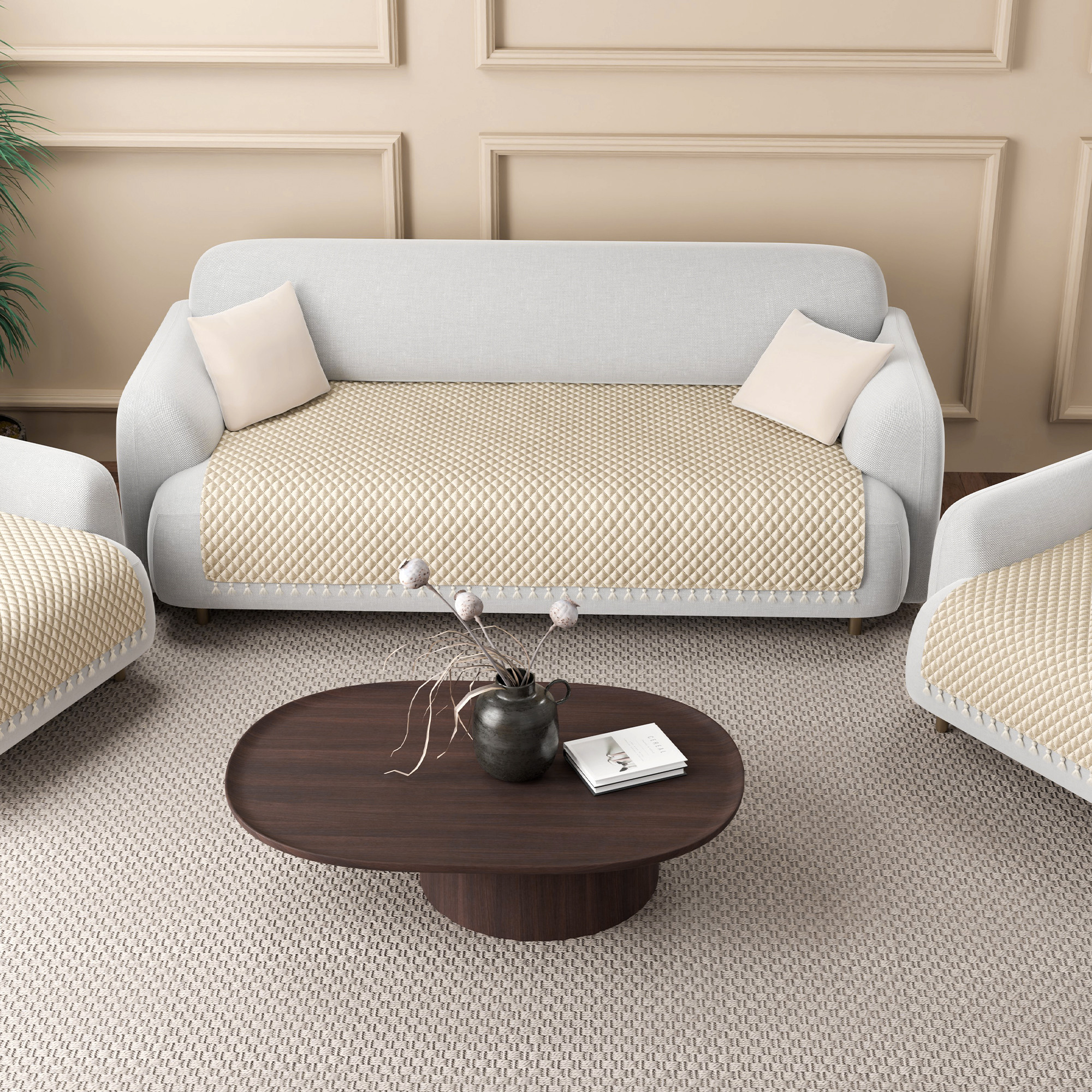 Quilted Velvet Sofa Cover with Tassels Lace for Living Room  Anti Slip Couch Protector for Home Dcor  Ultra Sonic - Beige
