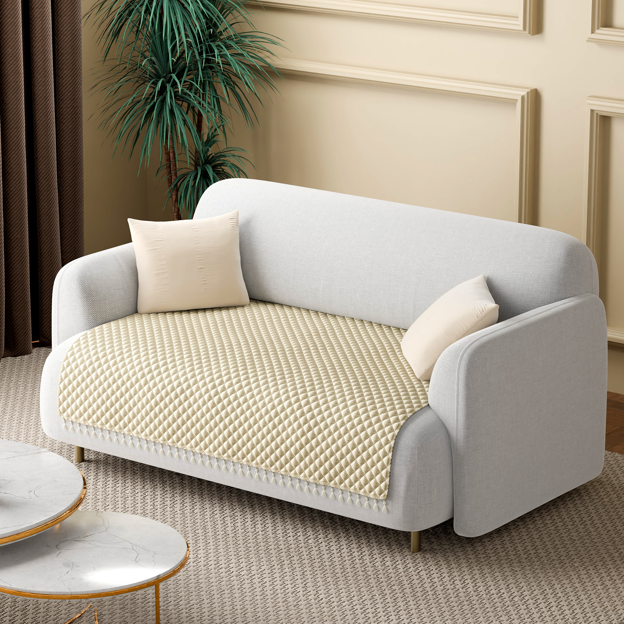 Quilted Velvet Sofa Cover with Tassels Lace for Living Room  Anti Slip Couch Protector for Home Dcor  Ultra Sonic - Beige