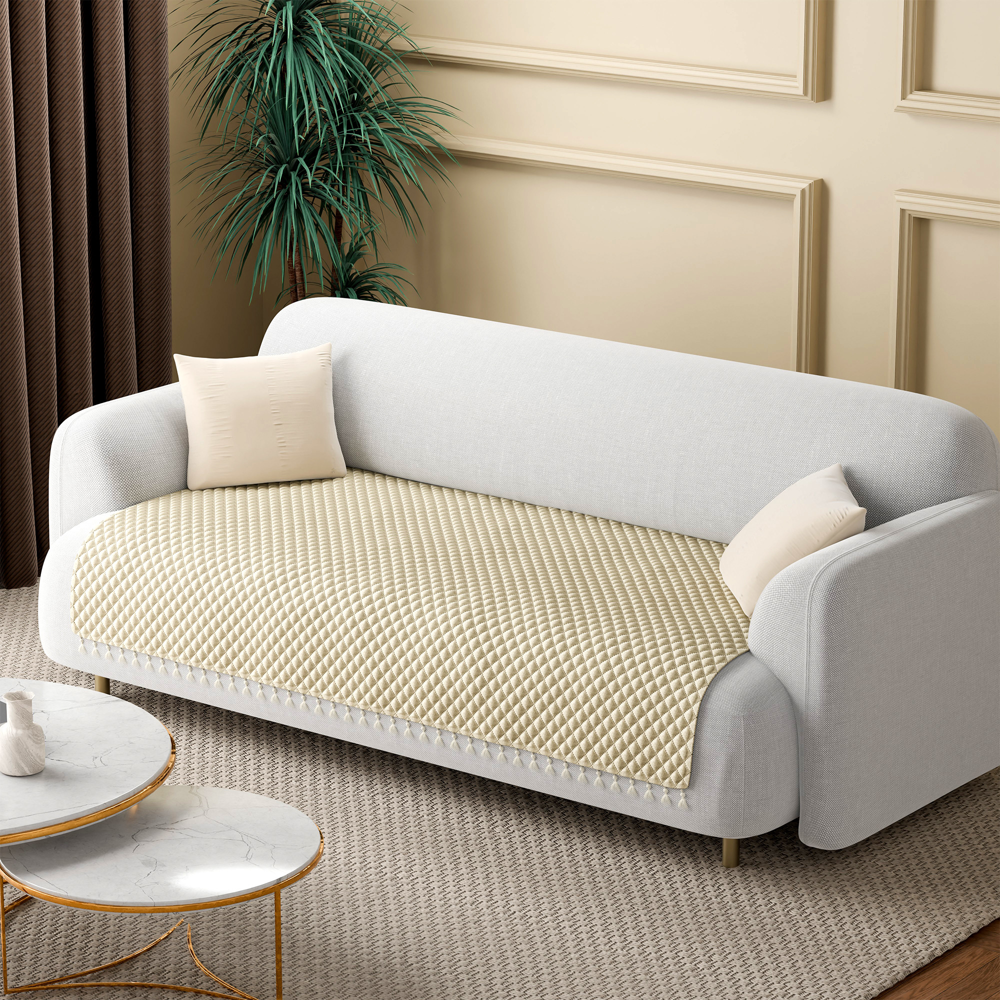 Quilted Velvet Sofa Cover with Tassels Lace for Living Room  Anti Slip Couch Protector for Home Dcor  Ultra Sonic - Beige