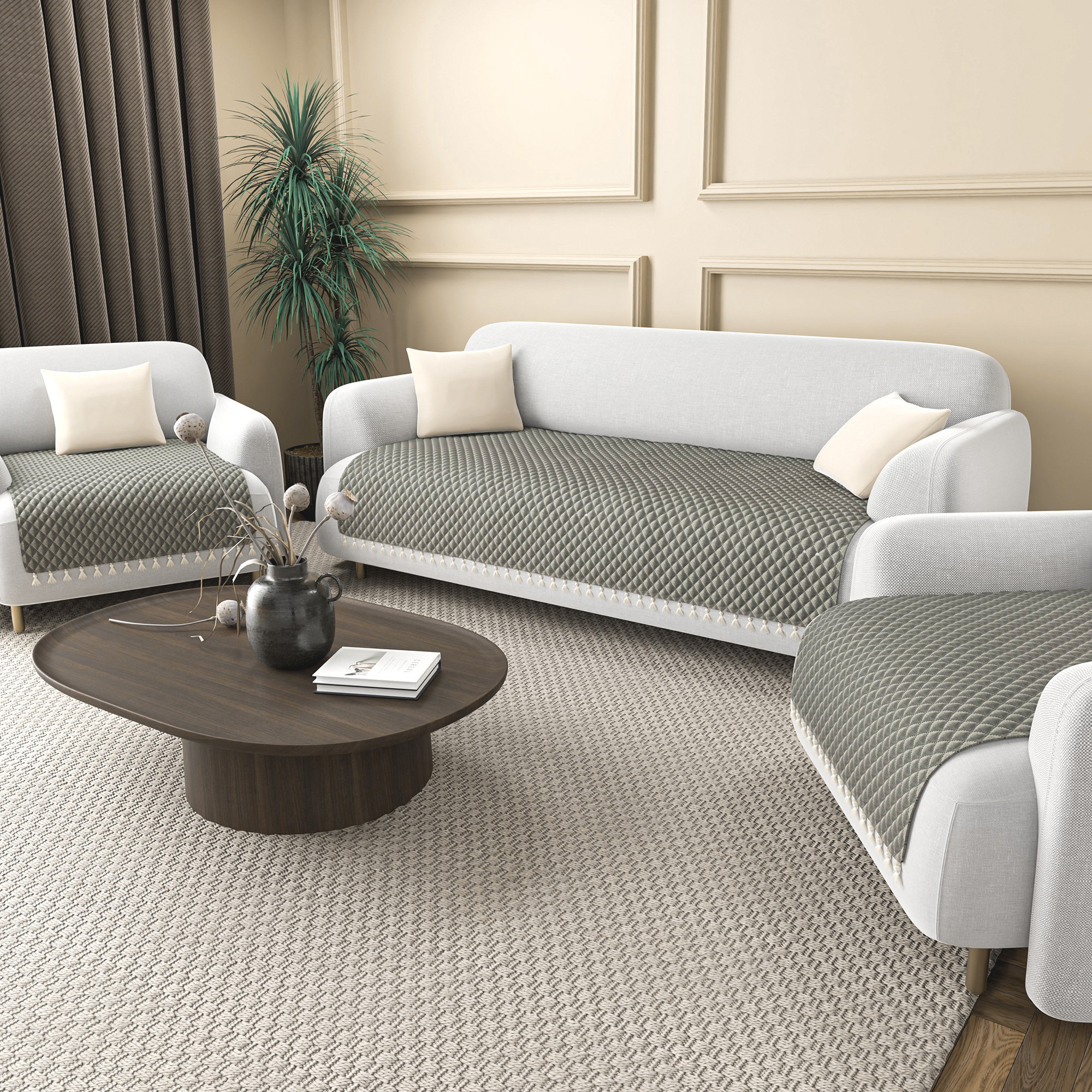 Quilted Velvet Sofa Cover with Tassels Lace for Living Room  Anti Slip Couch Protector for Home Dcor  Ultra Sonic - Grey