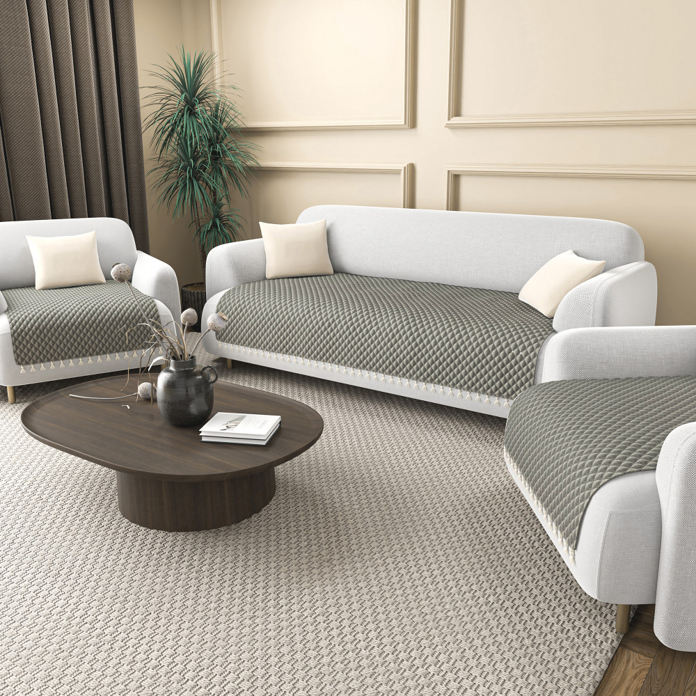 Image of Quilted Velvet Sofa Cover with Tassels Lace for Living Room | Anti Slip Couch Protector for Home Décor | Ultra Sonic - Grey