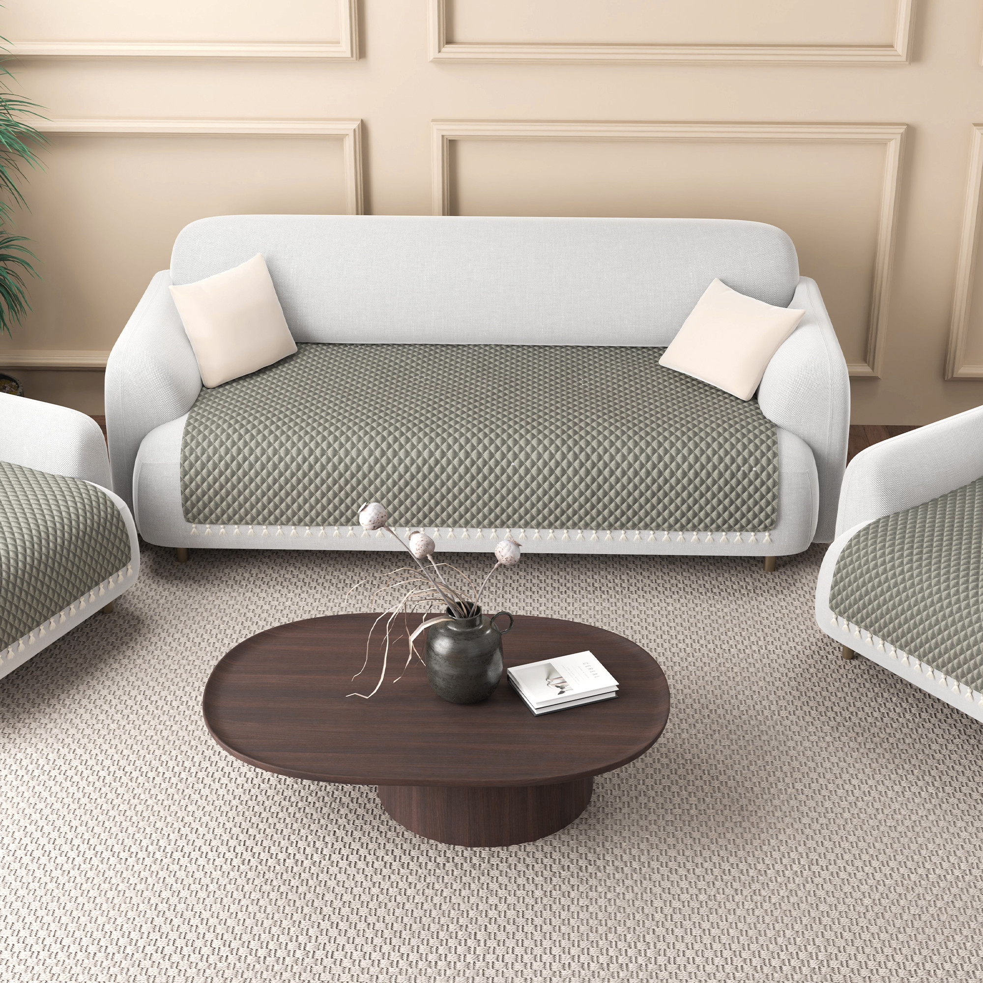 Quilted Velvet Sofa Cover with Tassels Lace for Living Room  Anti Slip Couch Protector for Home Dcor  Ultra Sonic - Grey