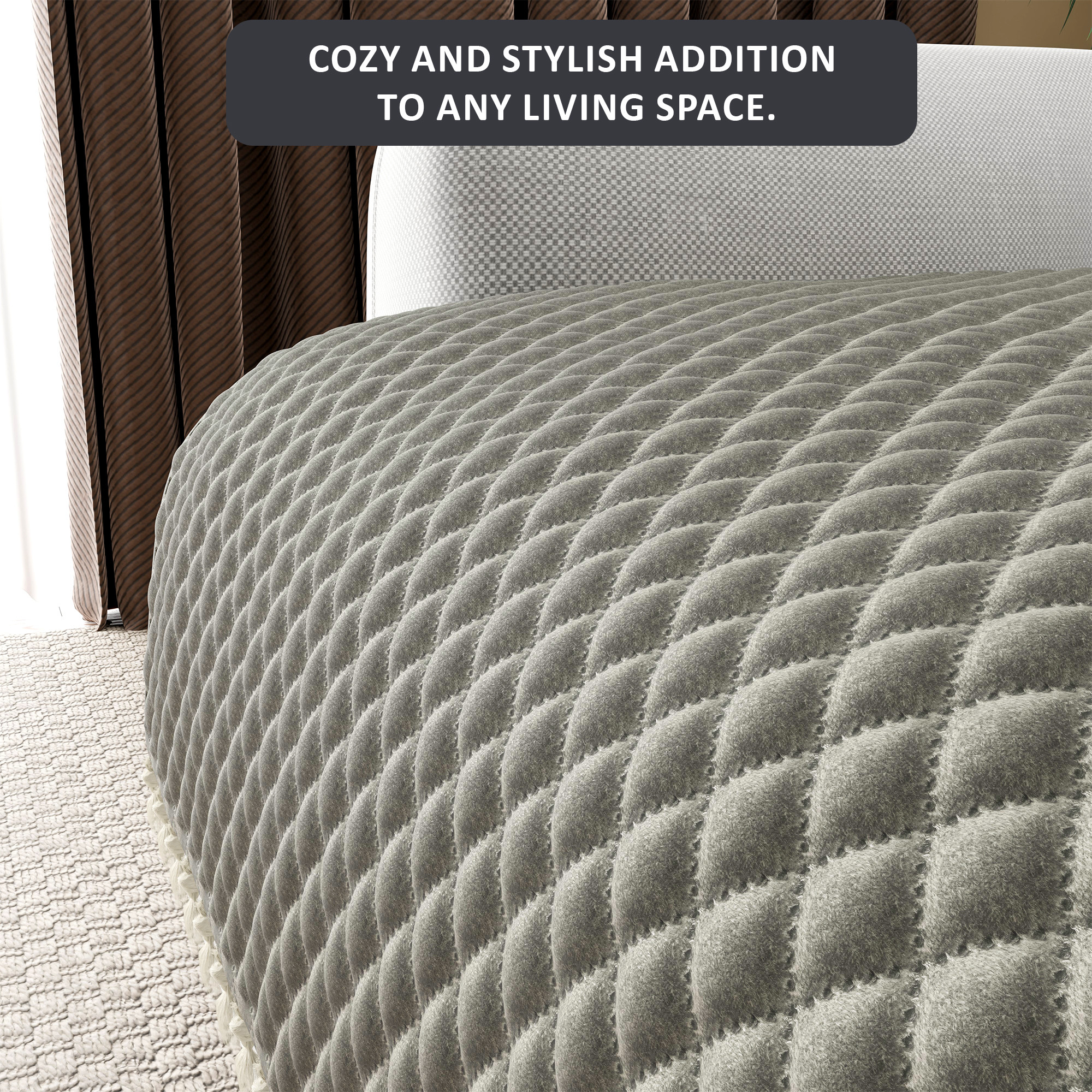 Quilted Velvet Sofa Cover with Tassels Lace for Living Room  Anti Slip Couch Protector for Home Dcor  Ultra Sonic - Grey