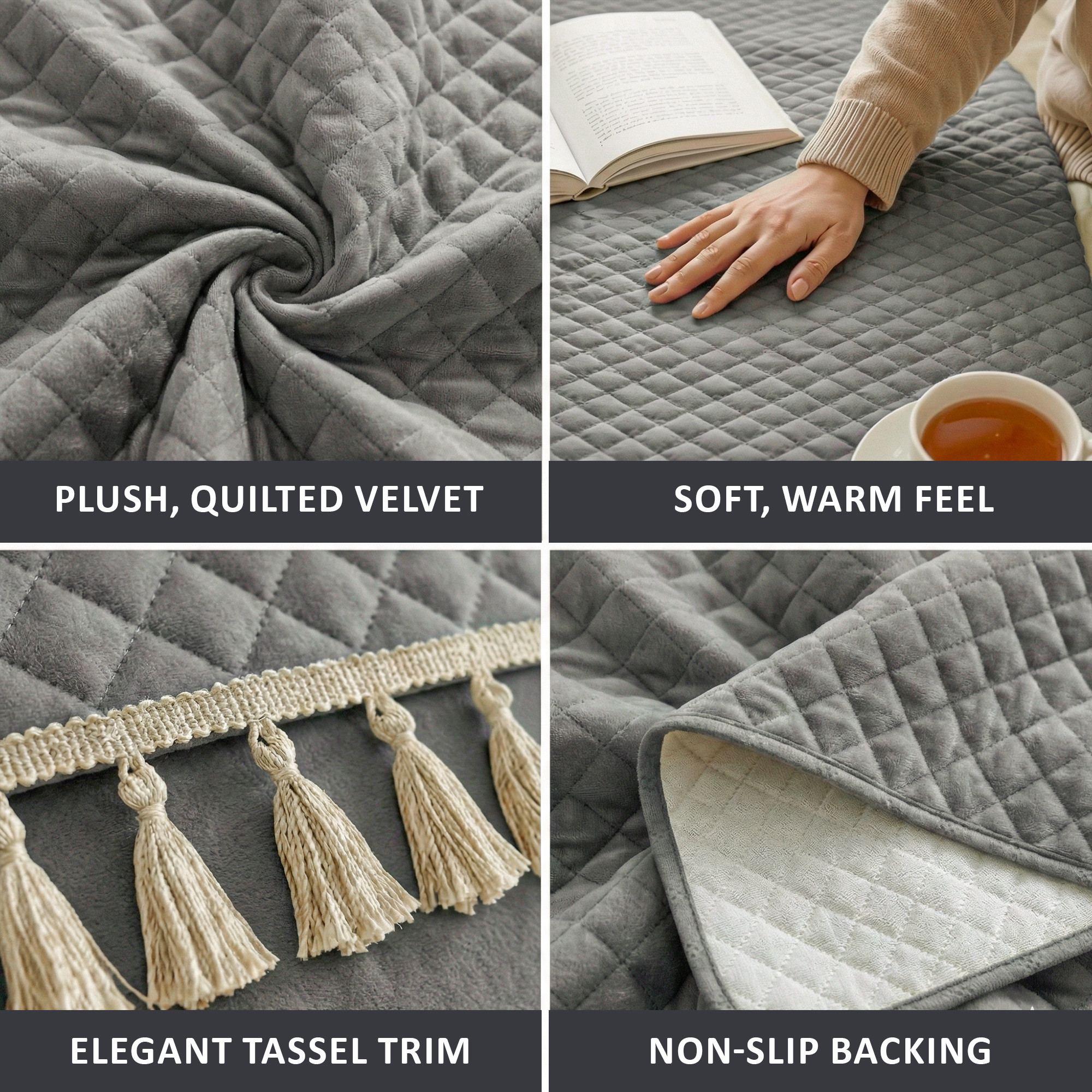 Quilted Velvet Sofa Cover with Tassels Lace for Living Room  Anti Slip Couch Protector for Home Dcor  Ultra Sonic - Grey