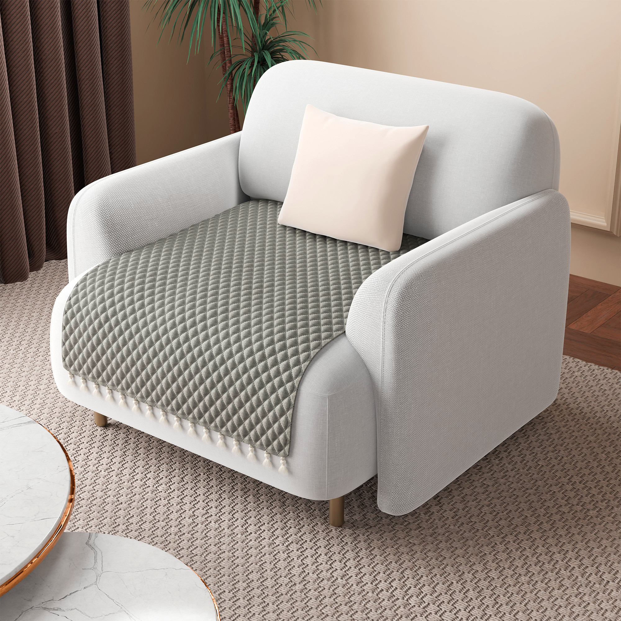 Quilted Velvet Sofa Cover with Tassels Lace for Living Room  Anti Slip Couch Protector for Home Dcor  Ultra Sonic - Grey