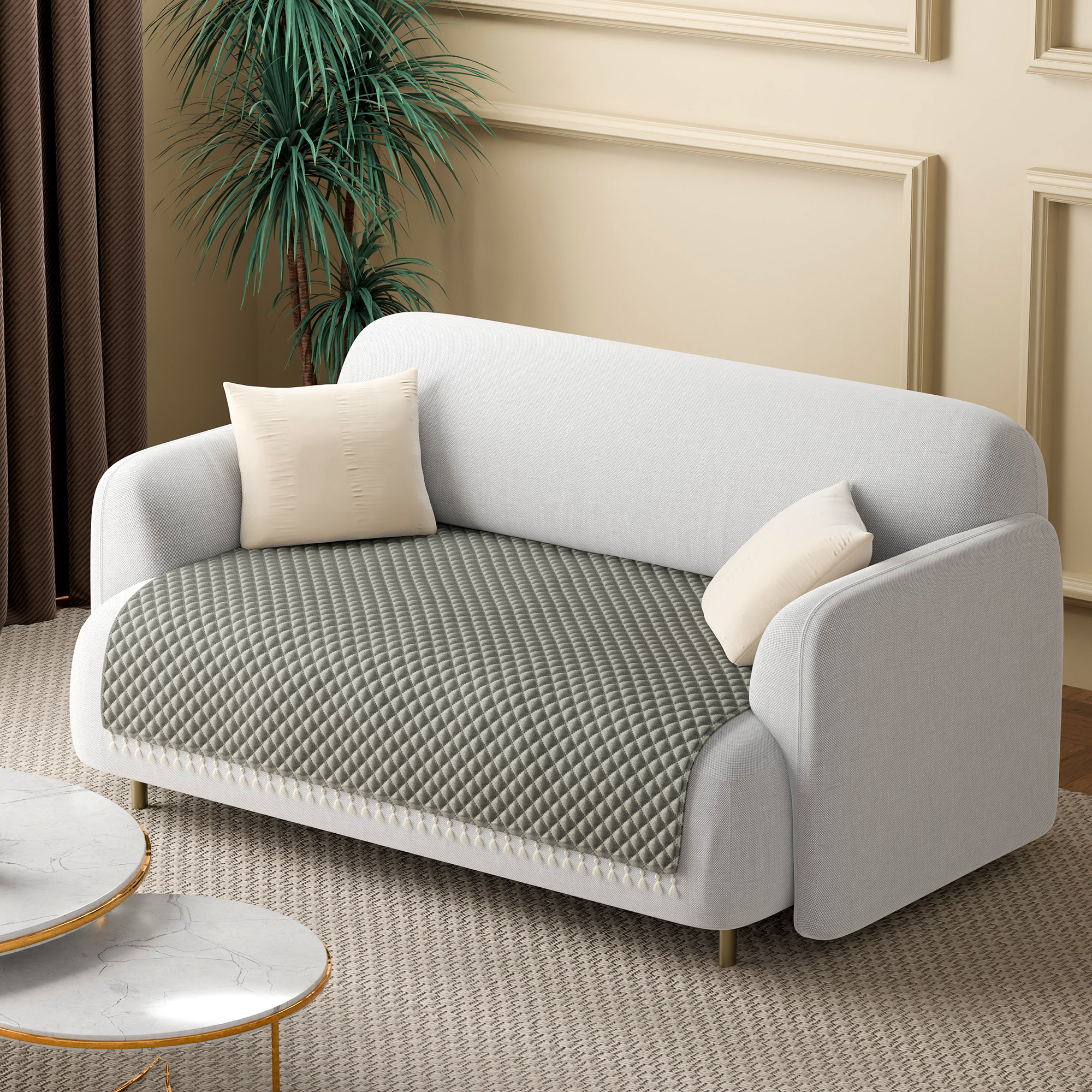 Quilted Velvet Sofa Cover with Tassels Lace for Living Room  Anti Slip Couch Protector for Home Dcor  Ultra Sonic - Grey