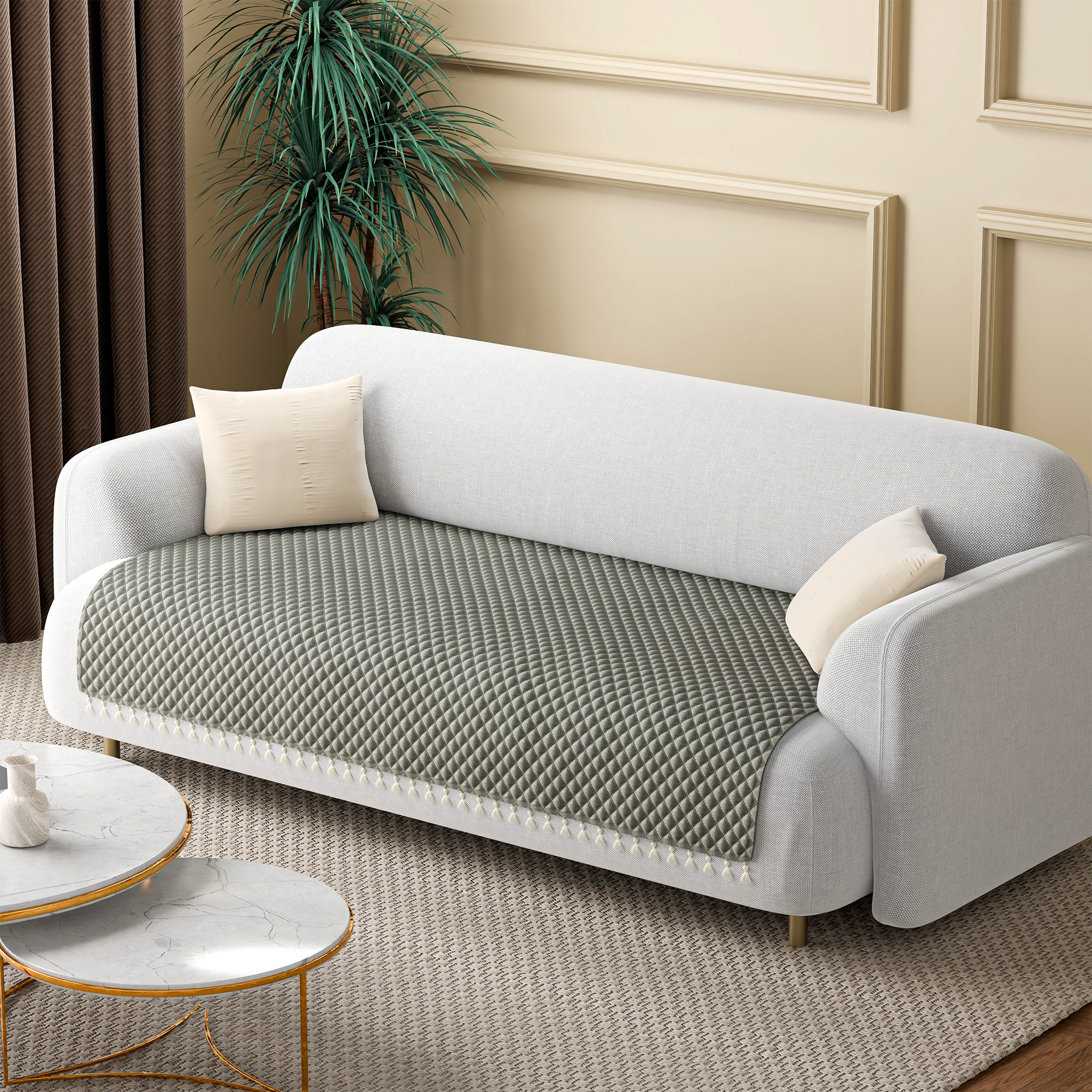 Quilted Velvet Sofa Cover with Tassels Lace for Living Room  Anti Slip Couch Protector for Home Dcor  Ultra Sonic - Grey