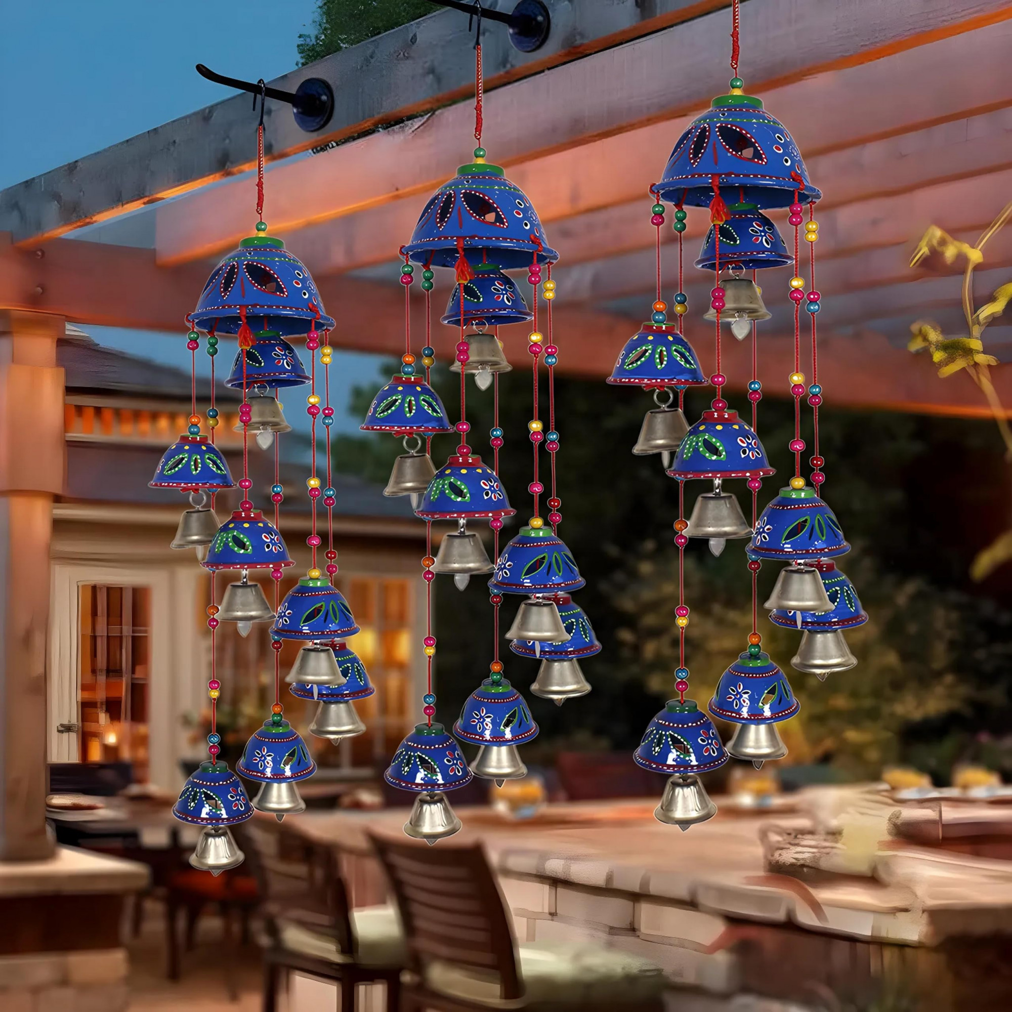 Rajasthani Design Handcrafted Hanging WindchimesLatkan With 8 Bells for Home Dcor  Positive EnergyPack of 2 Blue