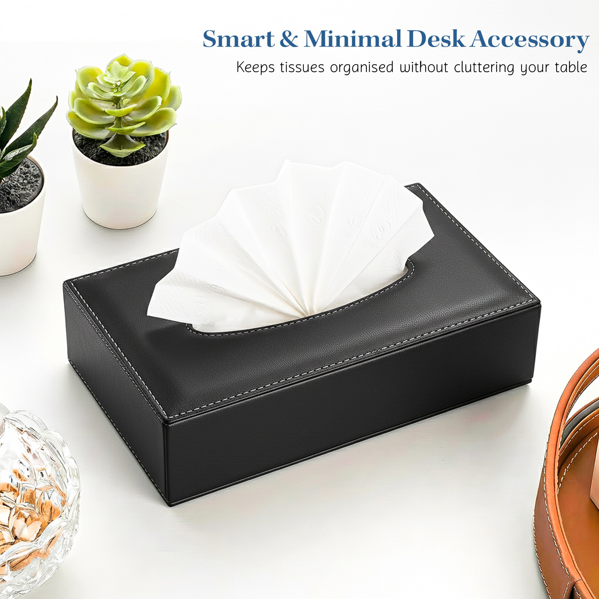 Rectangular Leather Tissue Box Holder for Dining Table  Water Resistant Face WipesTissue Dispencer for Office Desks  Only Box  Black