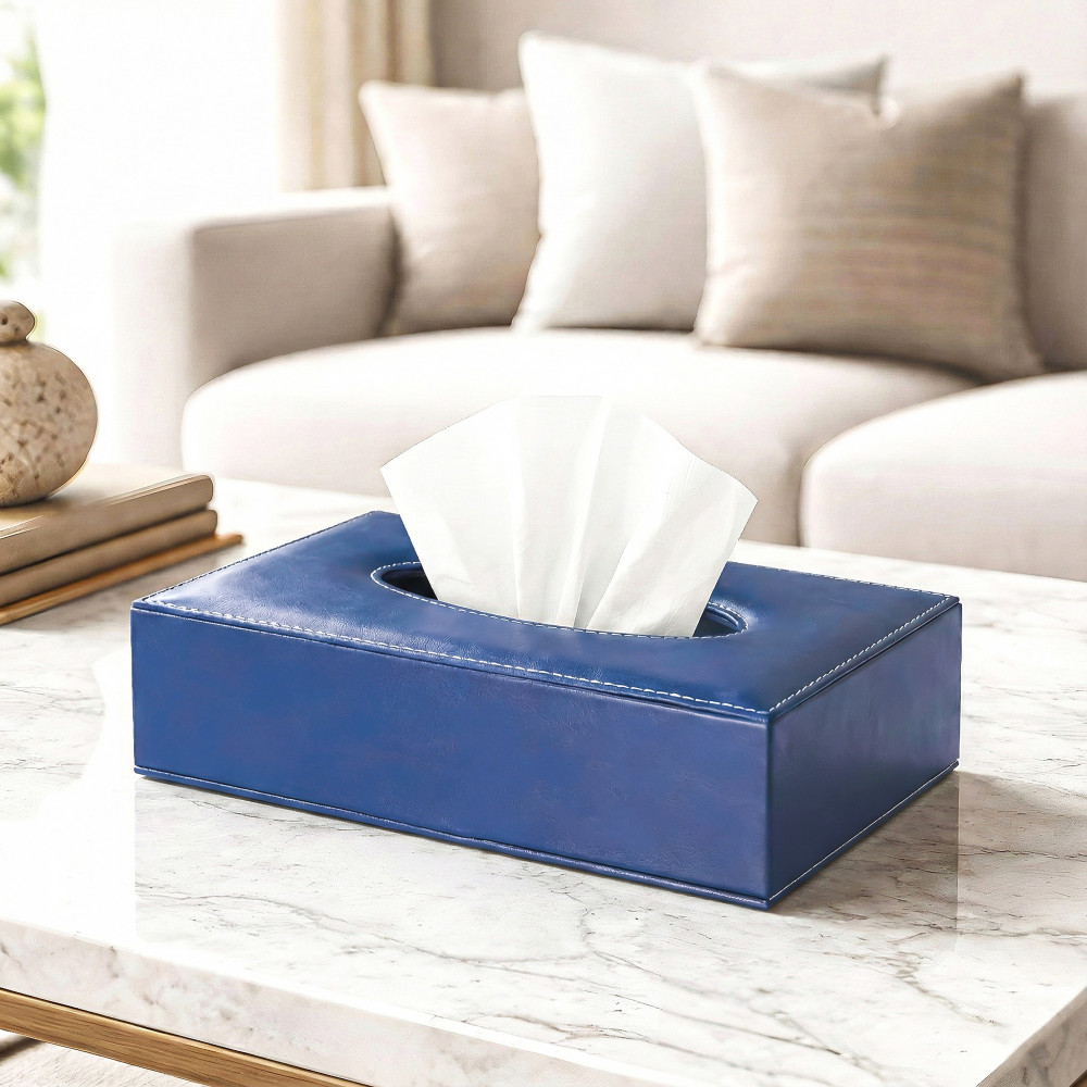 Image of Rectangular Leather Tissue Box Holder for Dining Table | Water Resistant Face Wipes/Tissue Dispencer for Office Desks | Only Box | Blue