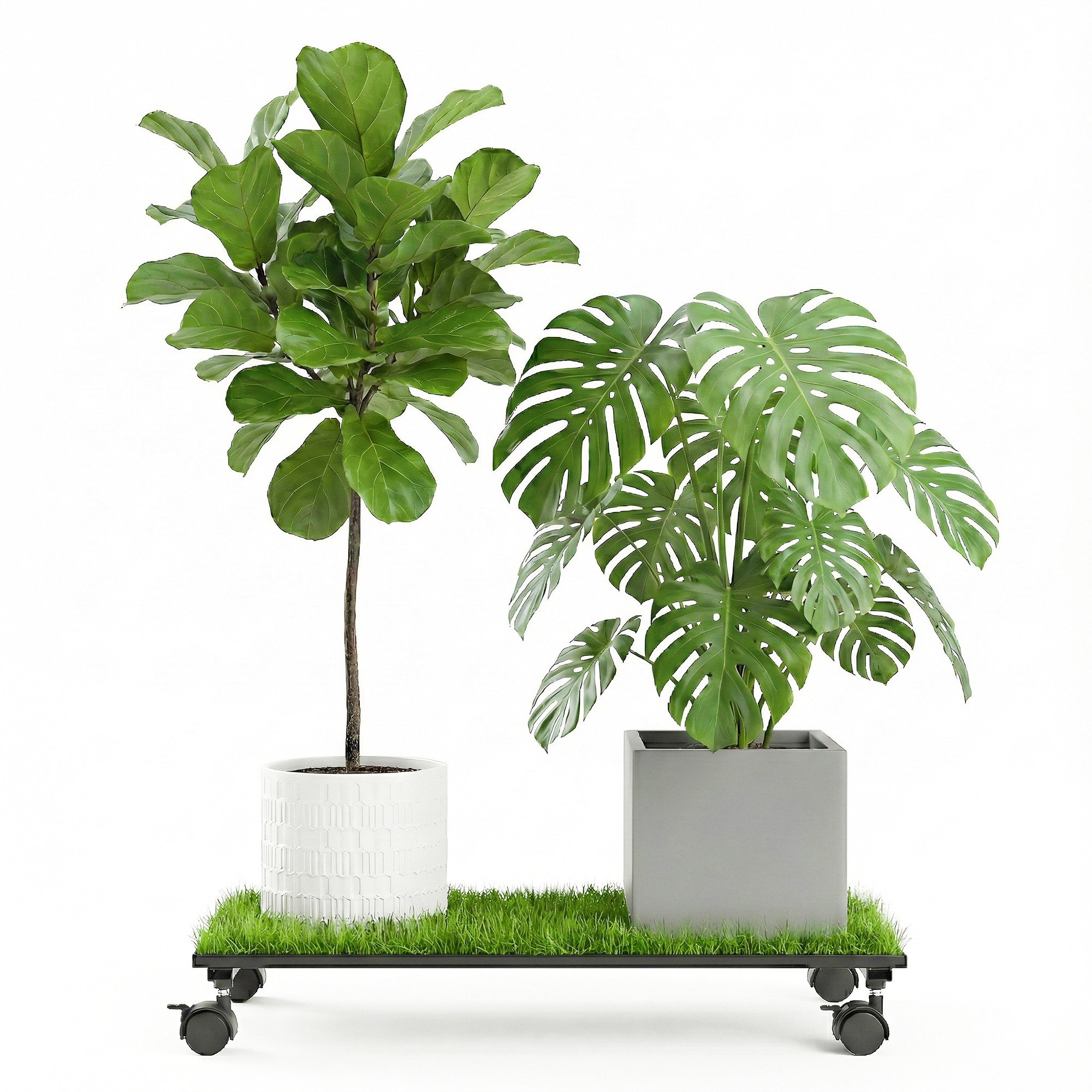 Rectangular Metal Planter Stand with Wheels  Green Grass Included for Balcony  Rust-Proof Rolling Flower Pot Stand for Indoor and Outdoor  Black