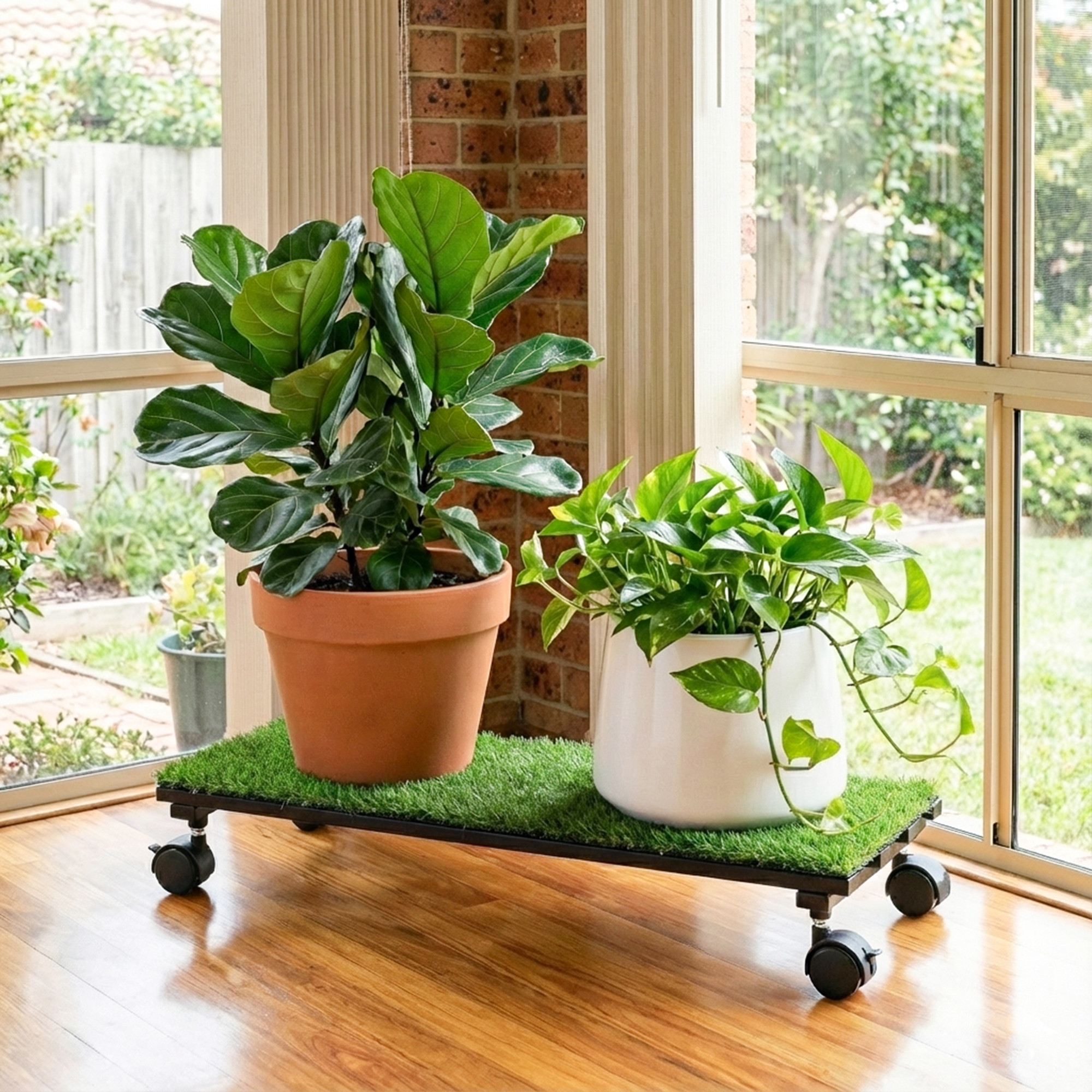 Rectangular Metal Planter Stand with Wheels  Green Grass Included for Balcony  Rust-Proof Rolling Flower Pot Stand for Indoor and Outdoor  Black