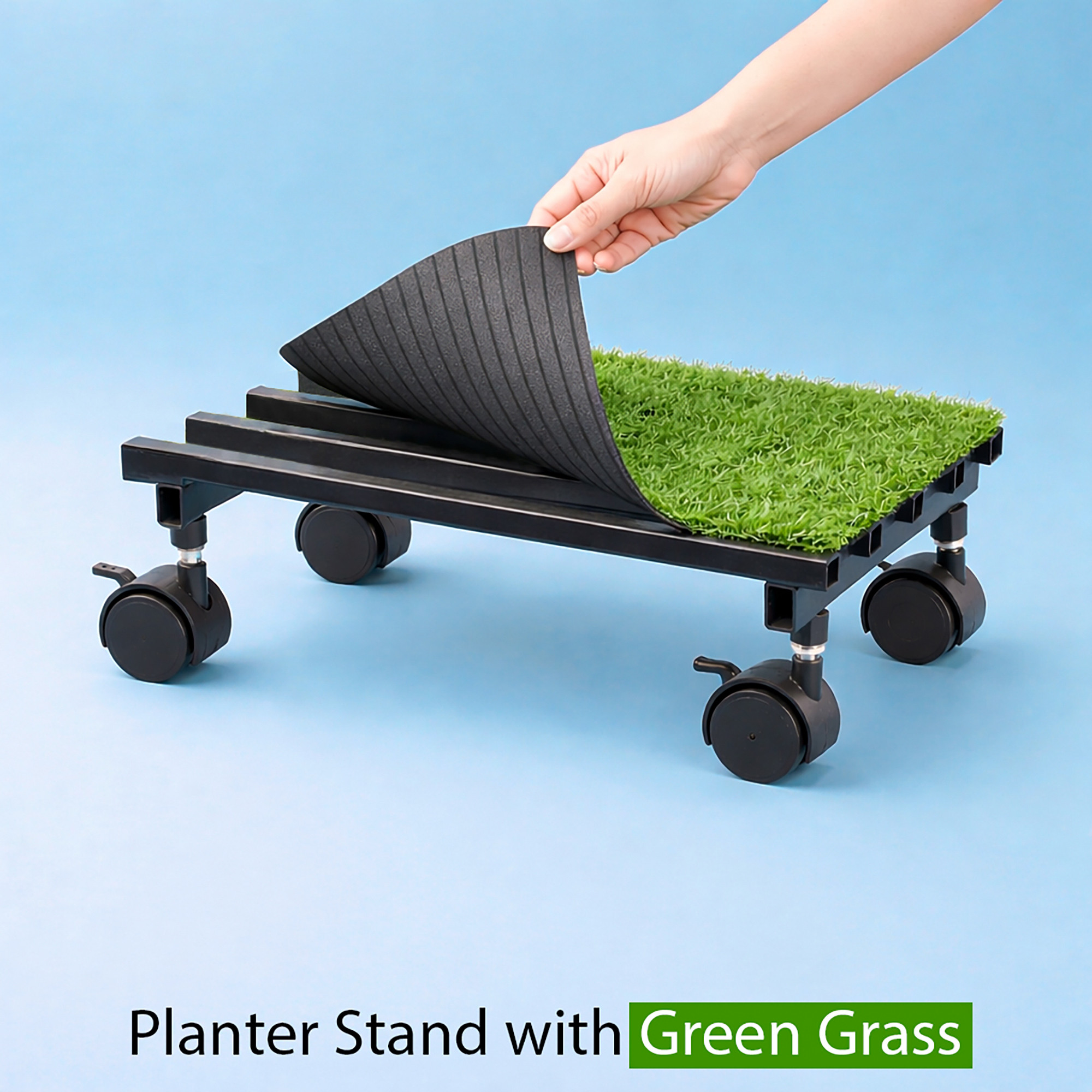 Rectangular Metal Planter Stand with Wheels  Green Grass Included for Balcony  Rust-Proof Rolling Flower Pot Stand for Indoor and Outdoor  Black