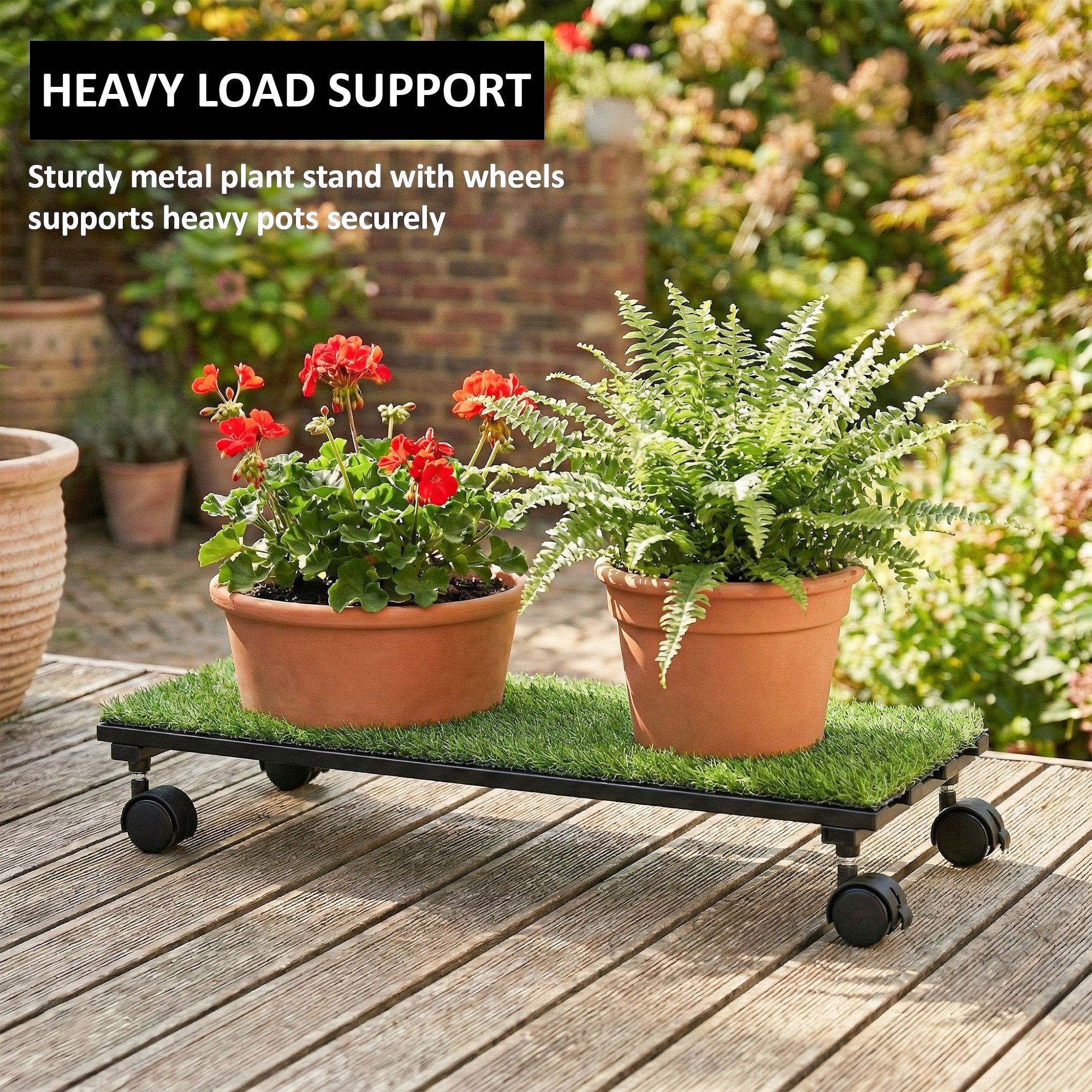 Rectangular Metal Planter Stand with Wheels  Green Grass Included for Balcony  Rust-Proof Rolling Flower Pot Stand for Indoor and Outdoor  Black