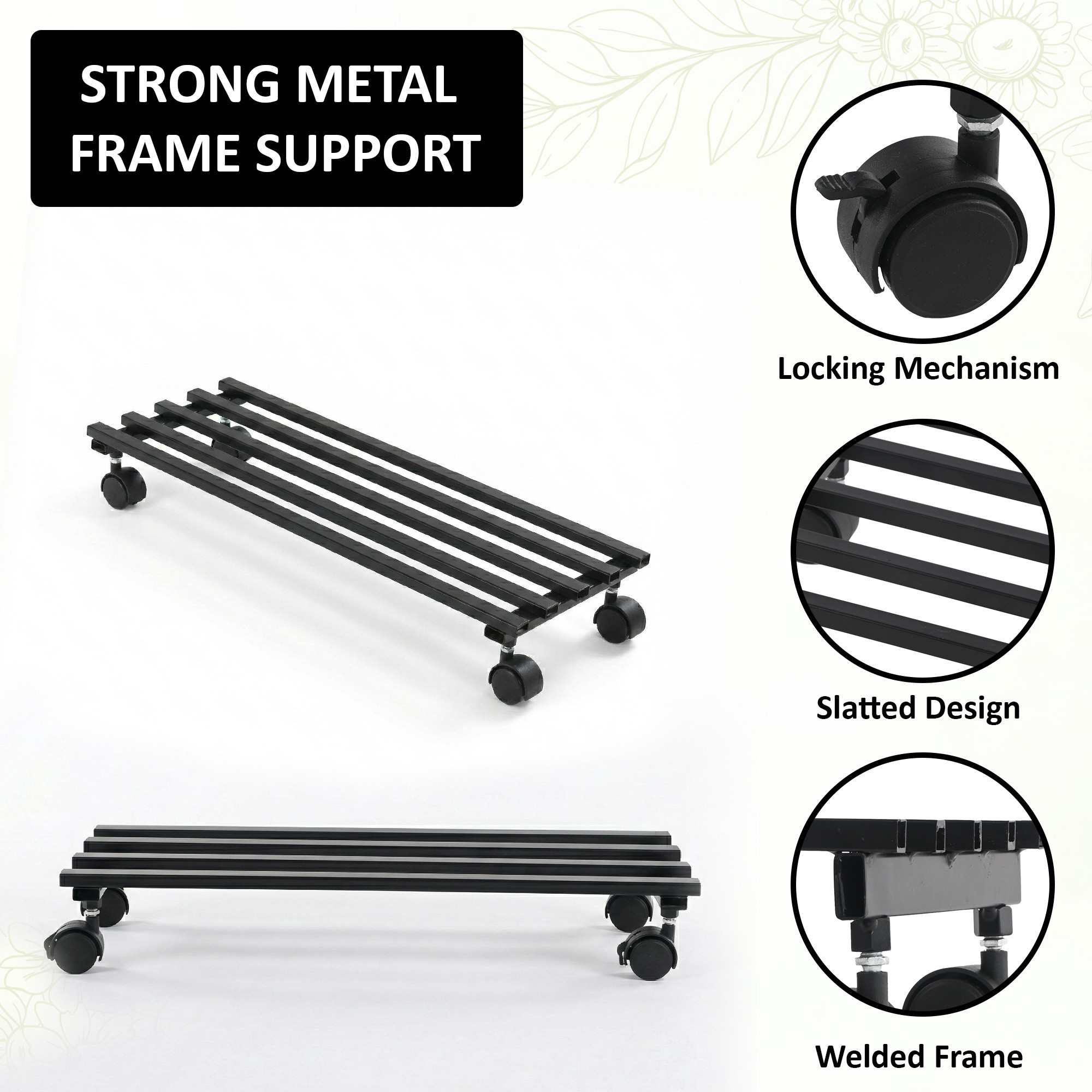 Rectangular Metal Planter Stand with Wheels  Green Grass Included for Balcony  Rust-Proof Rolling Flower Pot Stand for Indoor and Outdoor  Black