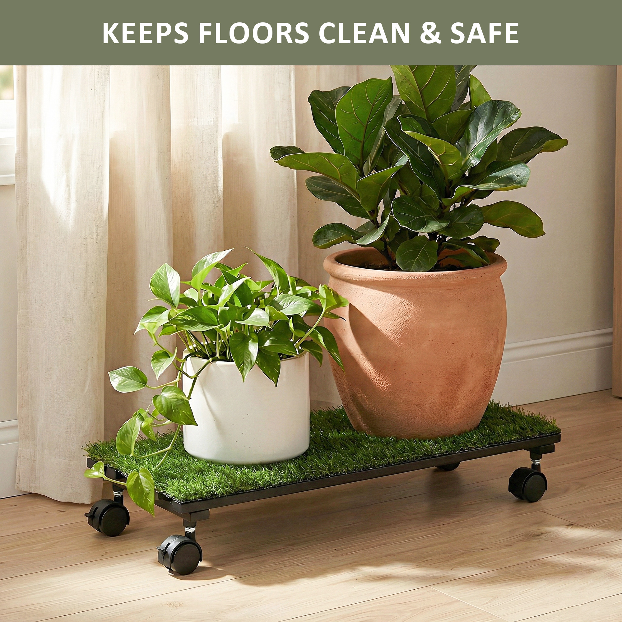 Rectangular Metal Planter Stand with Wheels  Green Grass Included for Balcony  Rust-Proof Rolling Flower Pot Stand for Indoor and Outdoor  Black