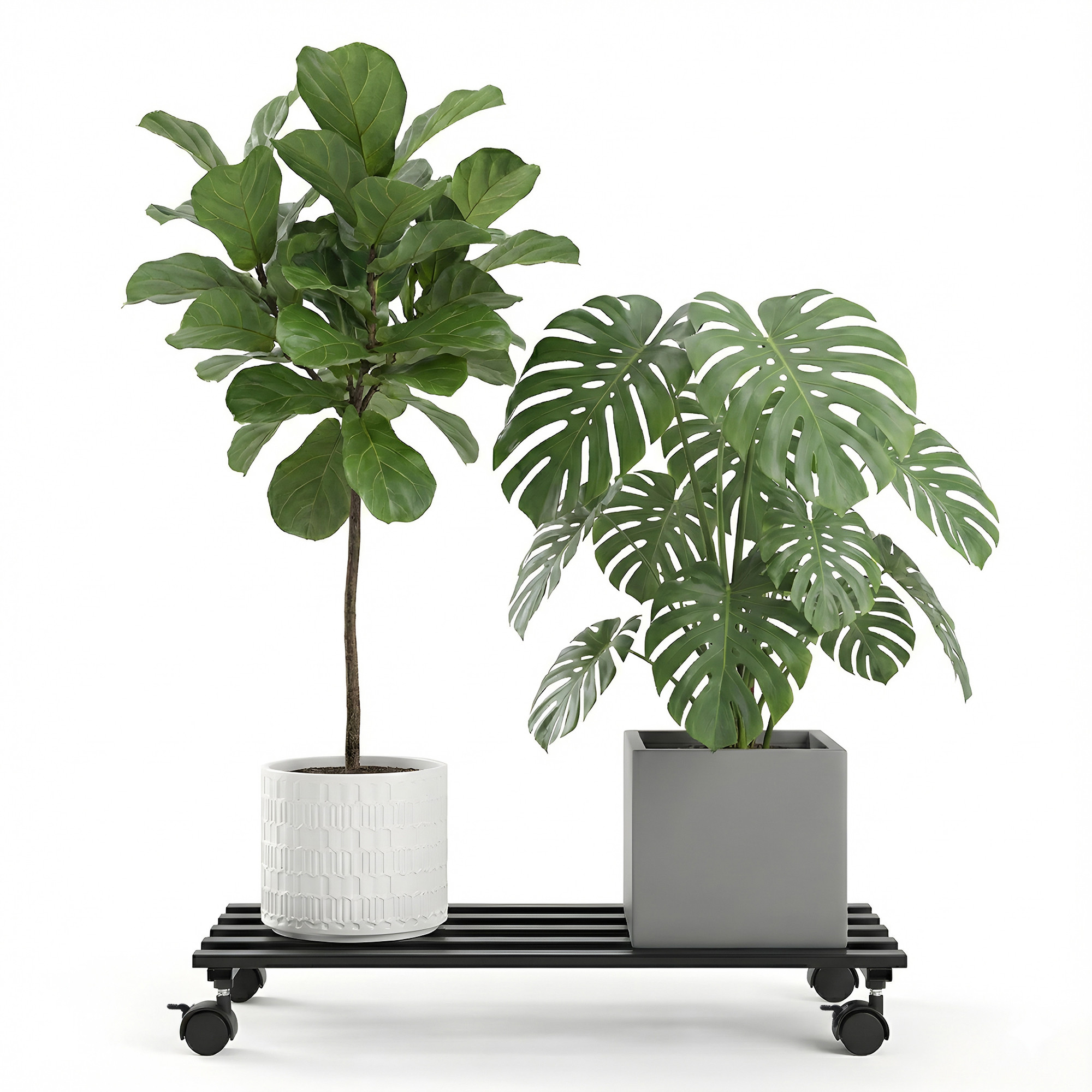 Rectangular Metal Planter Stand with Wheels for Home  Balcony  Rust-Proof Rolling Flower Pot Stand for Indoor and Outdoor  Black