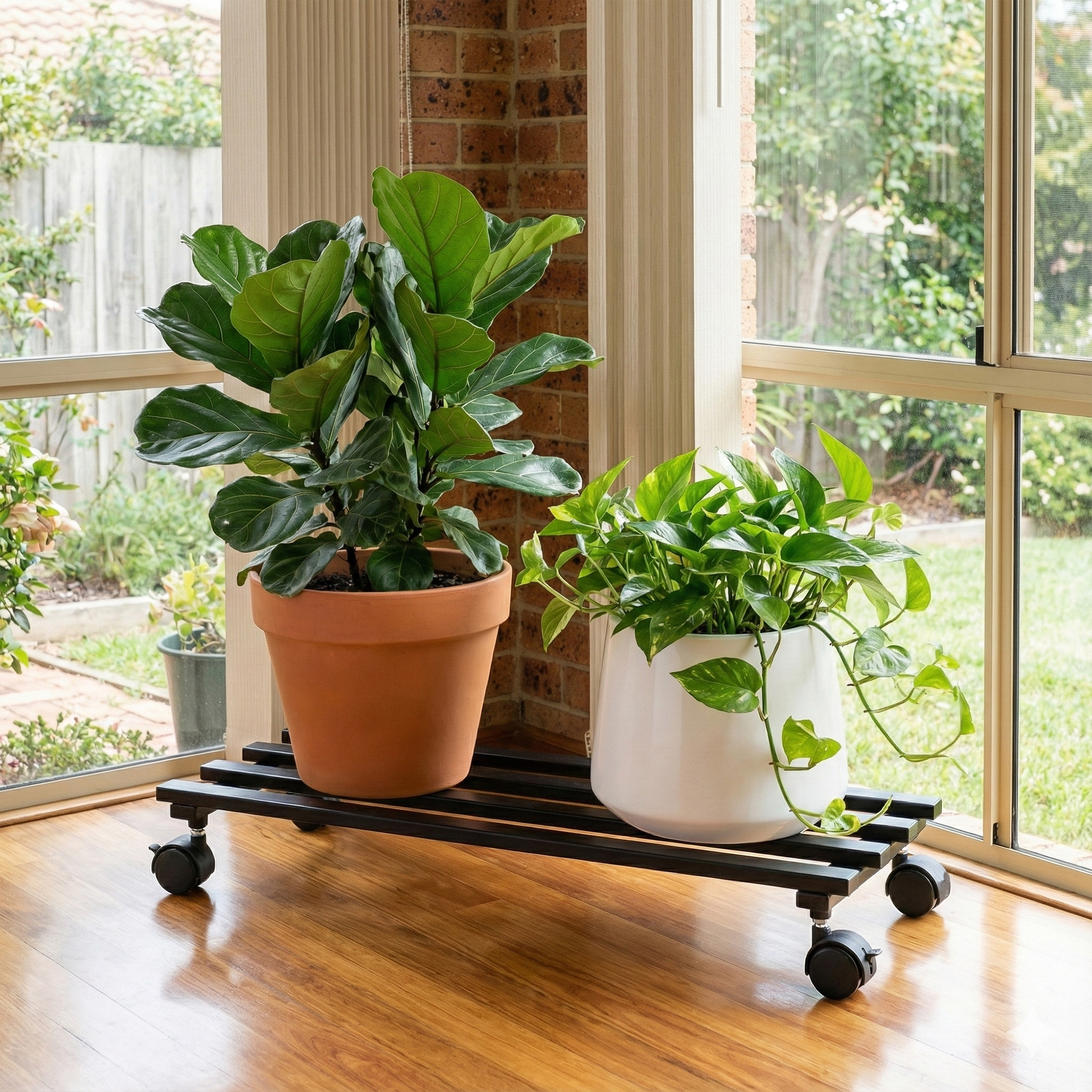 Rectangular Metal Planter Stand with Wheels for Home  Balcony  Rust-Proof Rolling Flower Pot Stand for Indoor and Outdoor  Black