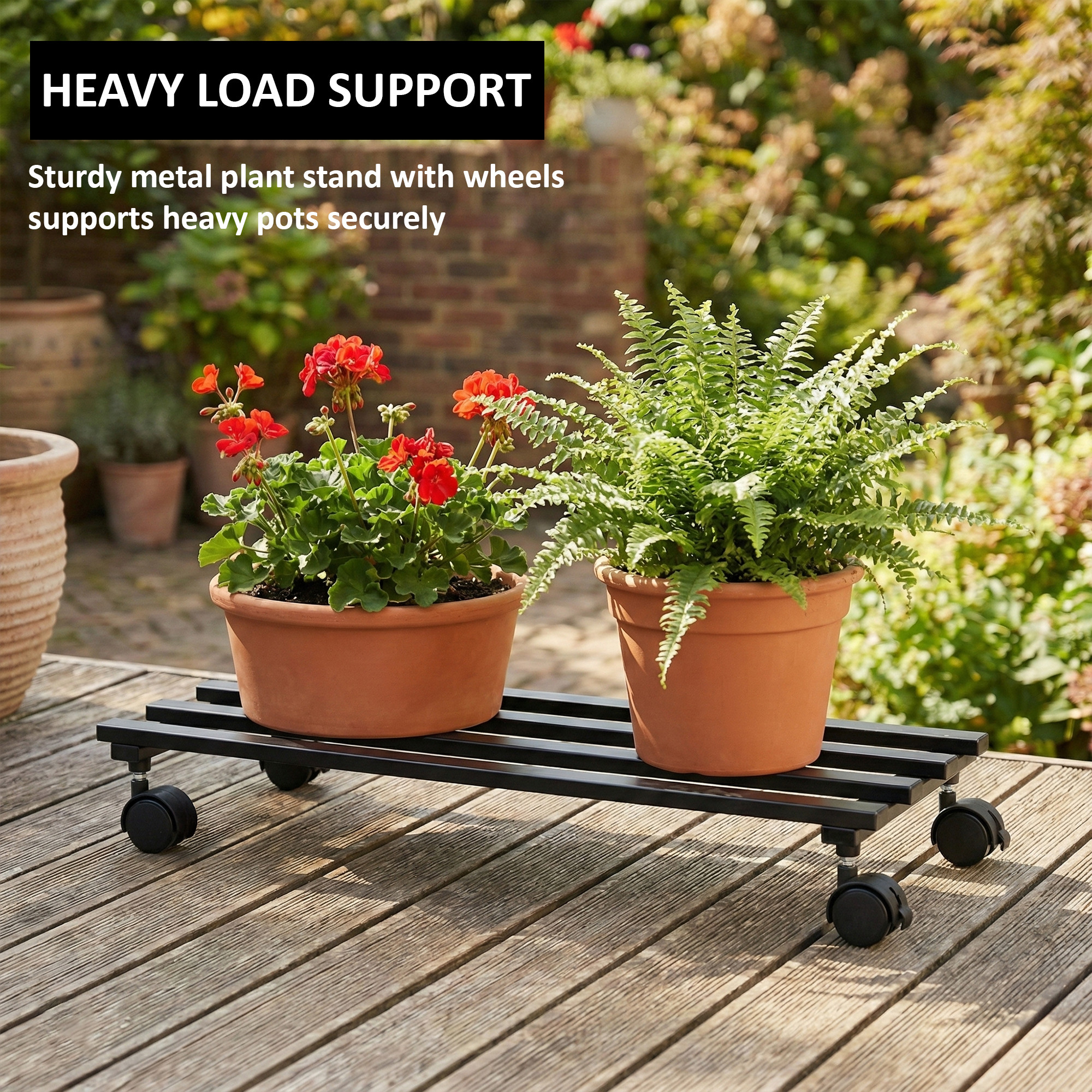 Rectangular Metal Planter Stand with Wheels for Home  Balcony  Rust-Proof Rolling Flower Pot Stand for Indoor and Outdoor  Black