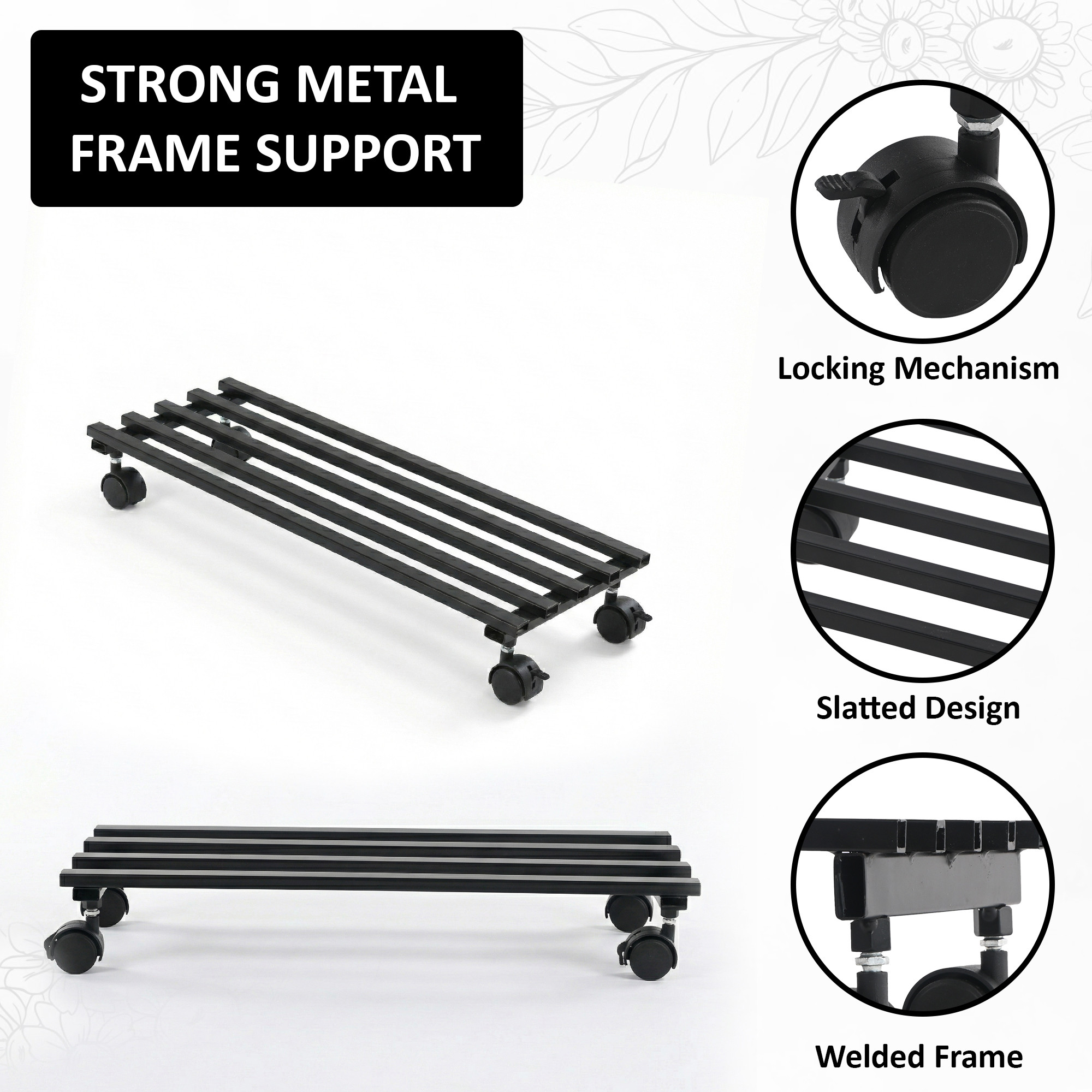 Rectangular Metal Planter Stand with Wheels for Home  Balcony  Rust-Proof Rolling Flower Pot Stand for Indoor and Outdoor  Black
