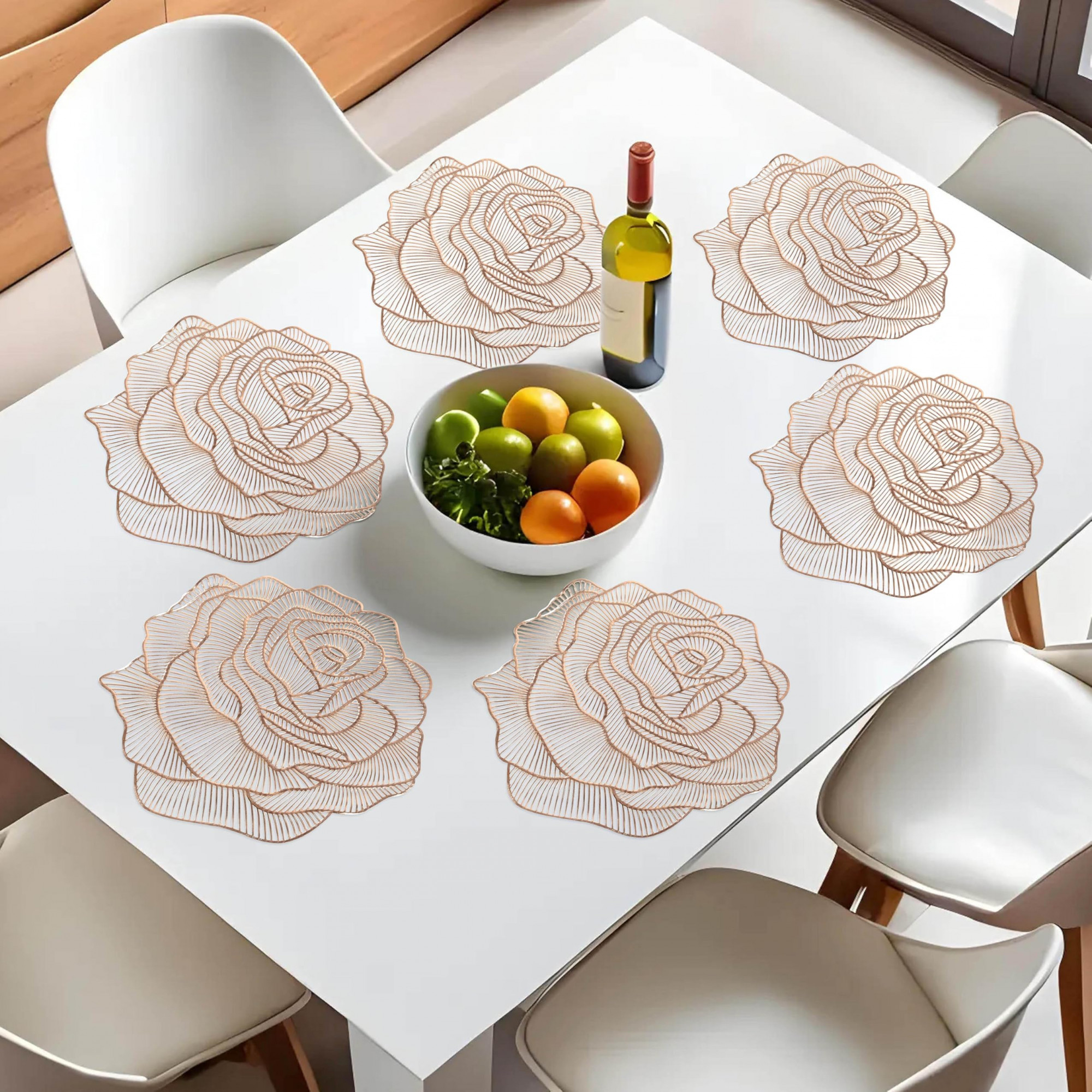 Rose Design Soft Leather Table Mats Dining Table Mats Set of 6 Gold