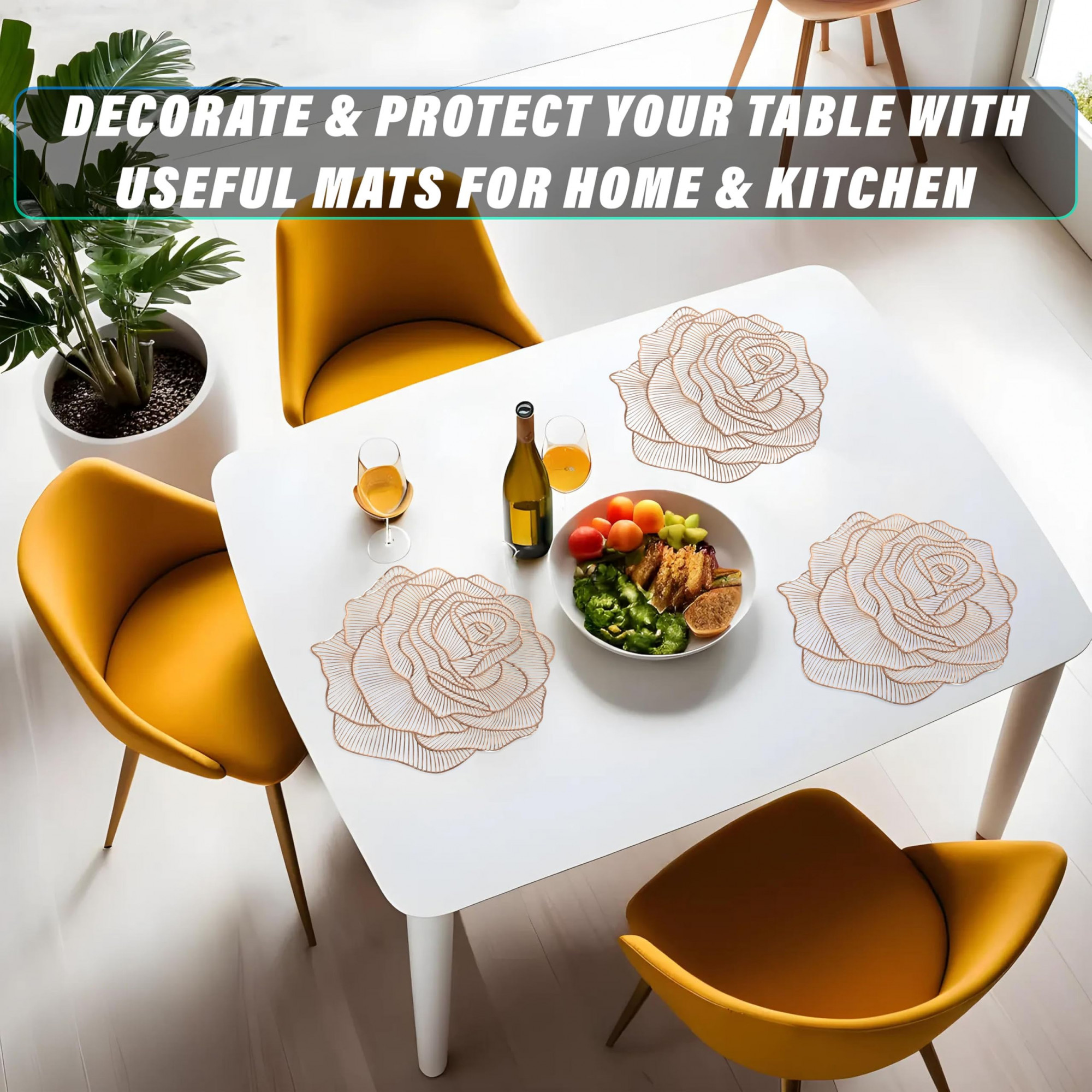 Rose Design Soft Leather Table Mats Dining Table Mats Set of 6 Gold