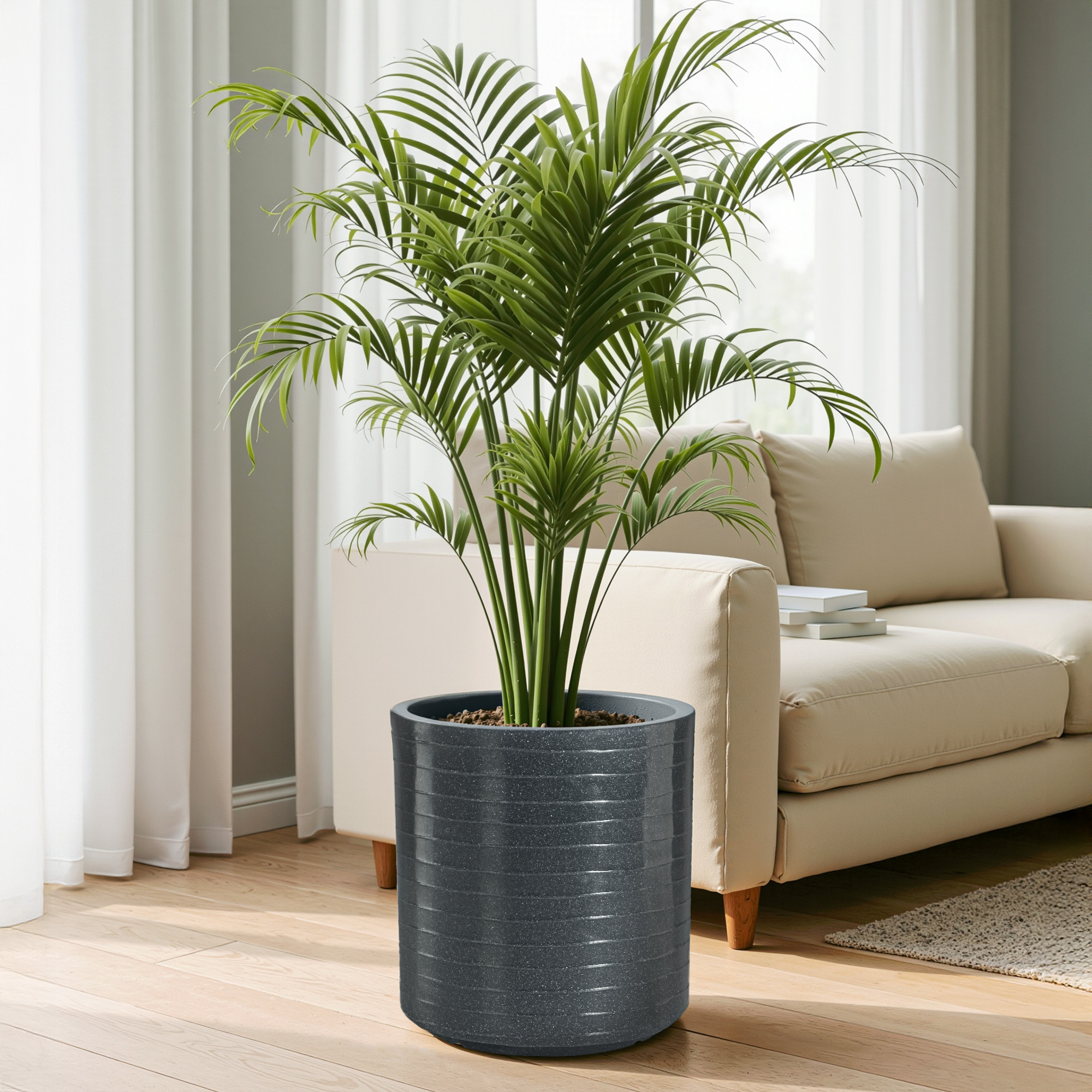 Rotomould 11 Inch Flower Pot  Round Large Planter with Drainage for Indoor Balcony Patio  Garden Plants  Rib Cubical - Grey