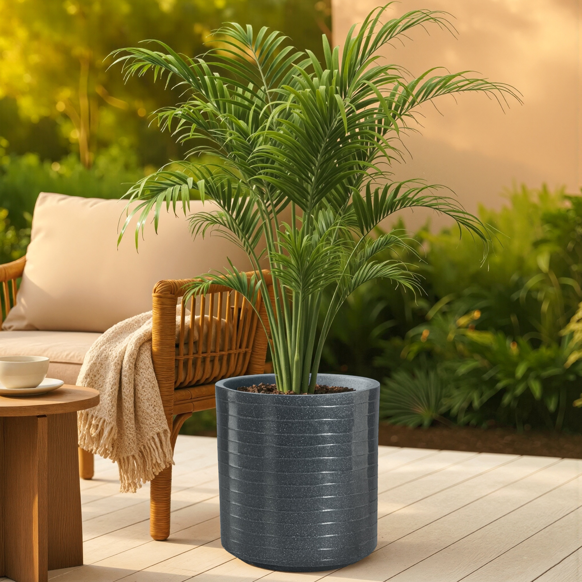 Rotomould 11 Inch Flower Pot  Round Large Planter with Drainage for Indoor Balcony Patio  Garden Plants  Rib Cubical - Grey