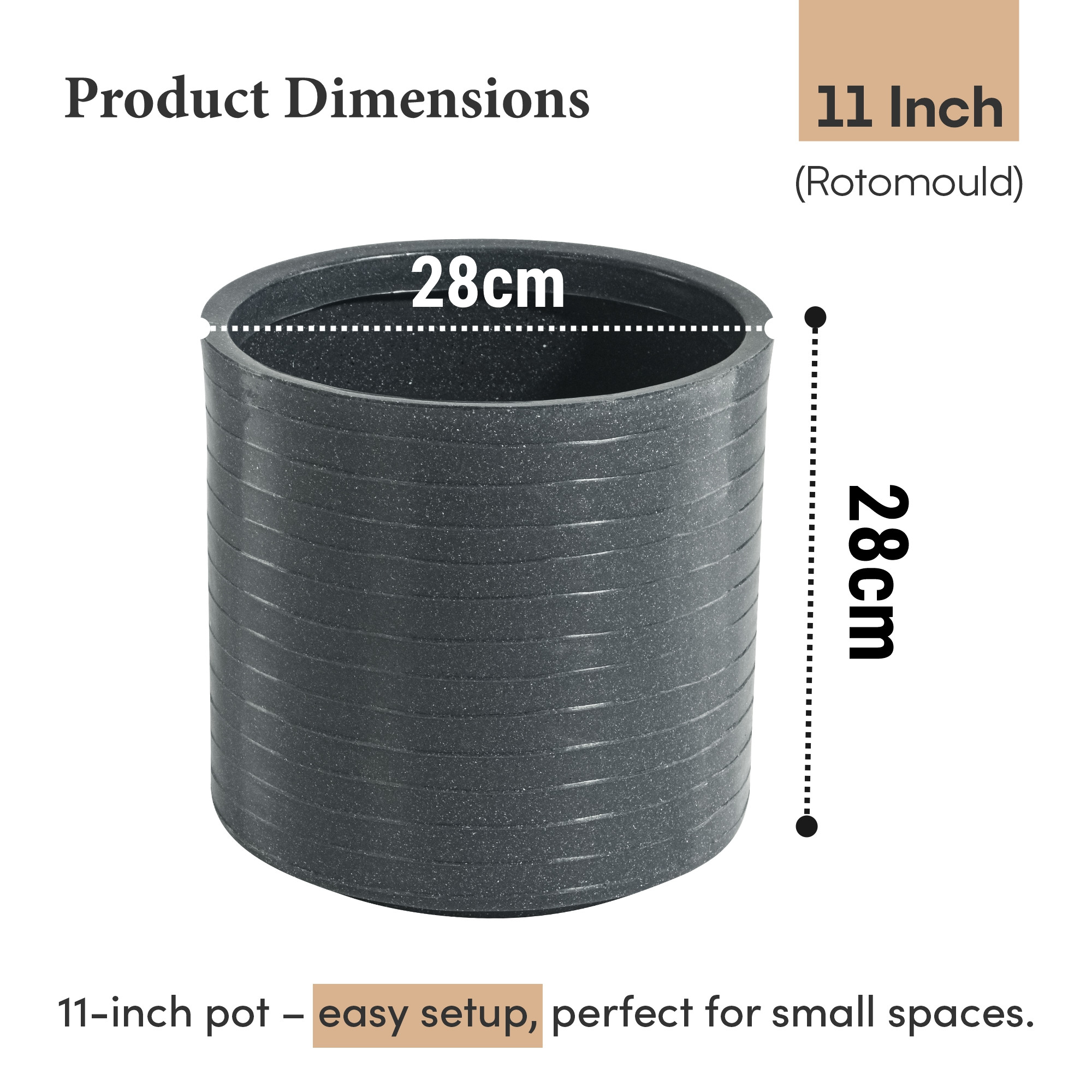 Rotomould 11 Inch Flower Pot  Round Large Planter with Drainage for Indoor Balcony Patio  Garden Plants  Rib Cubical - Grey
