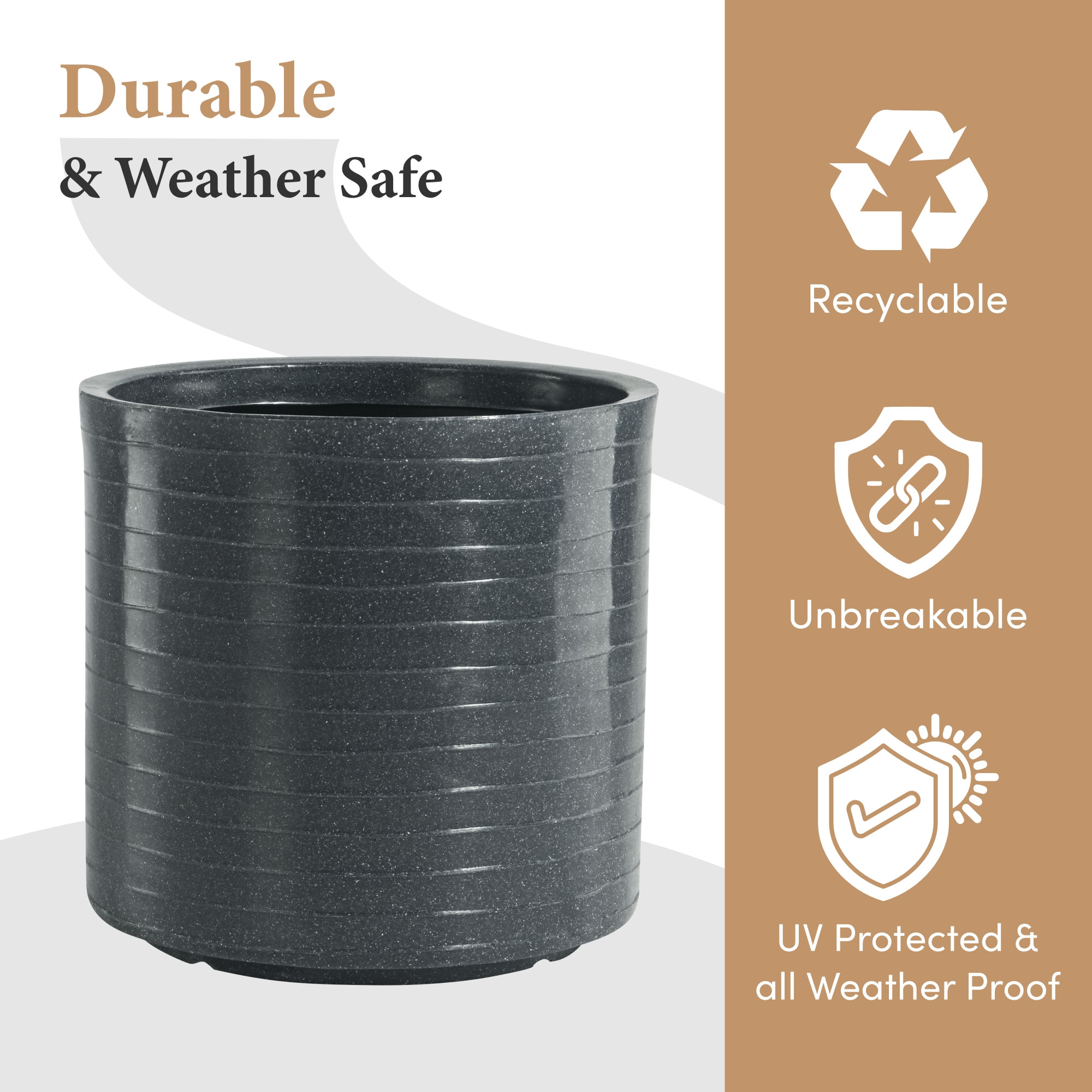 Rotomould 11 Inch Flower Pot  Round Large Planter with Drainage for Indoor Balcony Patio  Garden Plants  Rib Cubical - Grey