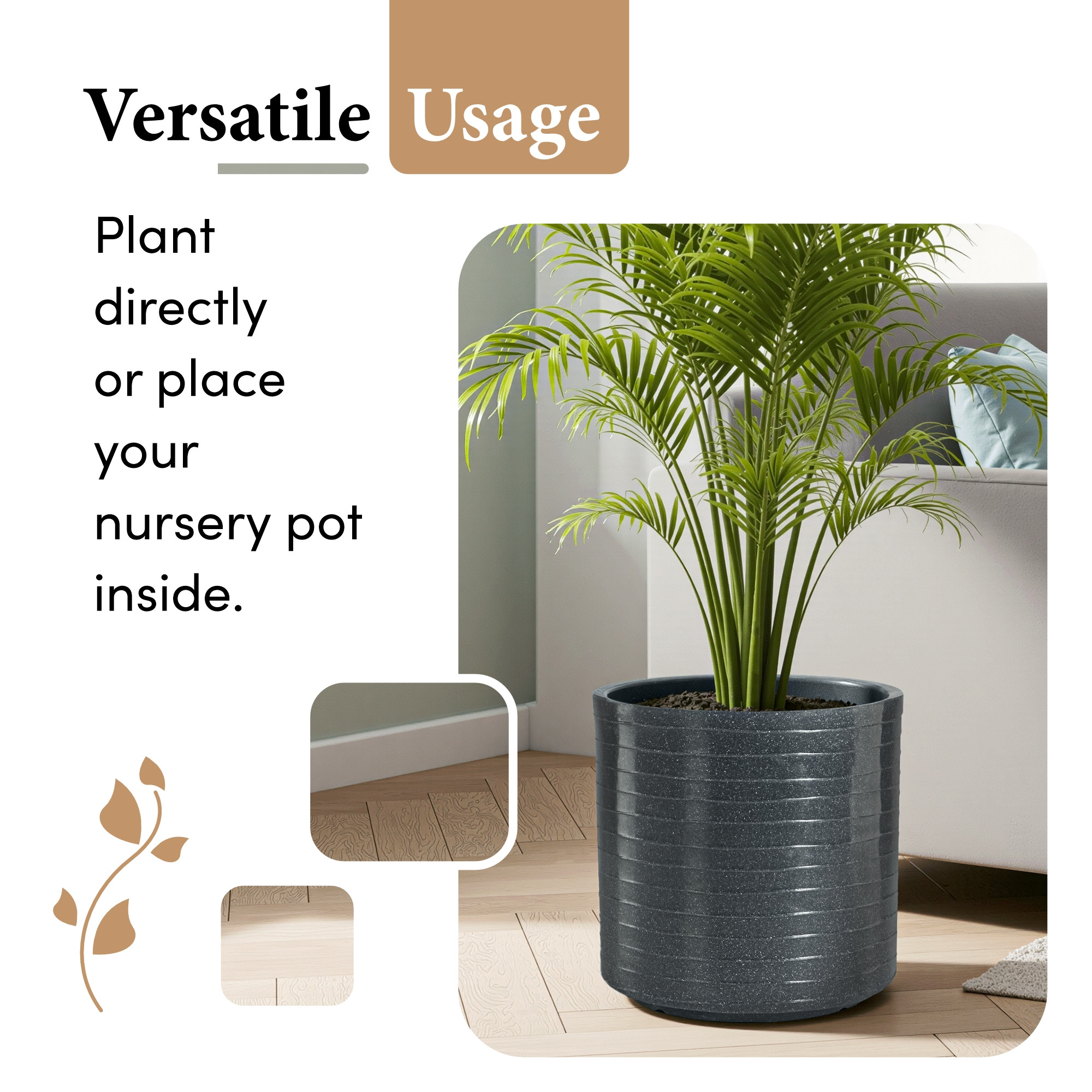 Rotomould 11 Inch Flower Pot  Round Large Planter with Drainage for Indoor Balcony Patio  Garden Plants  Rib Cubical - Grey